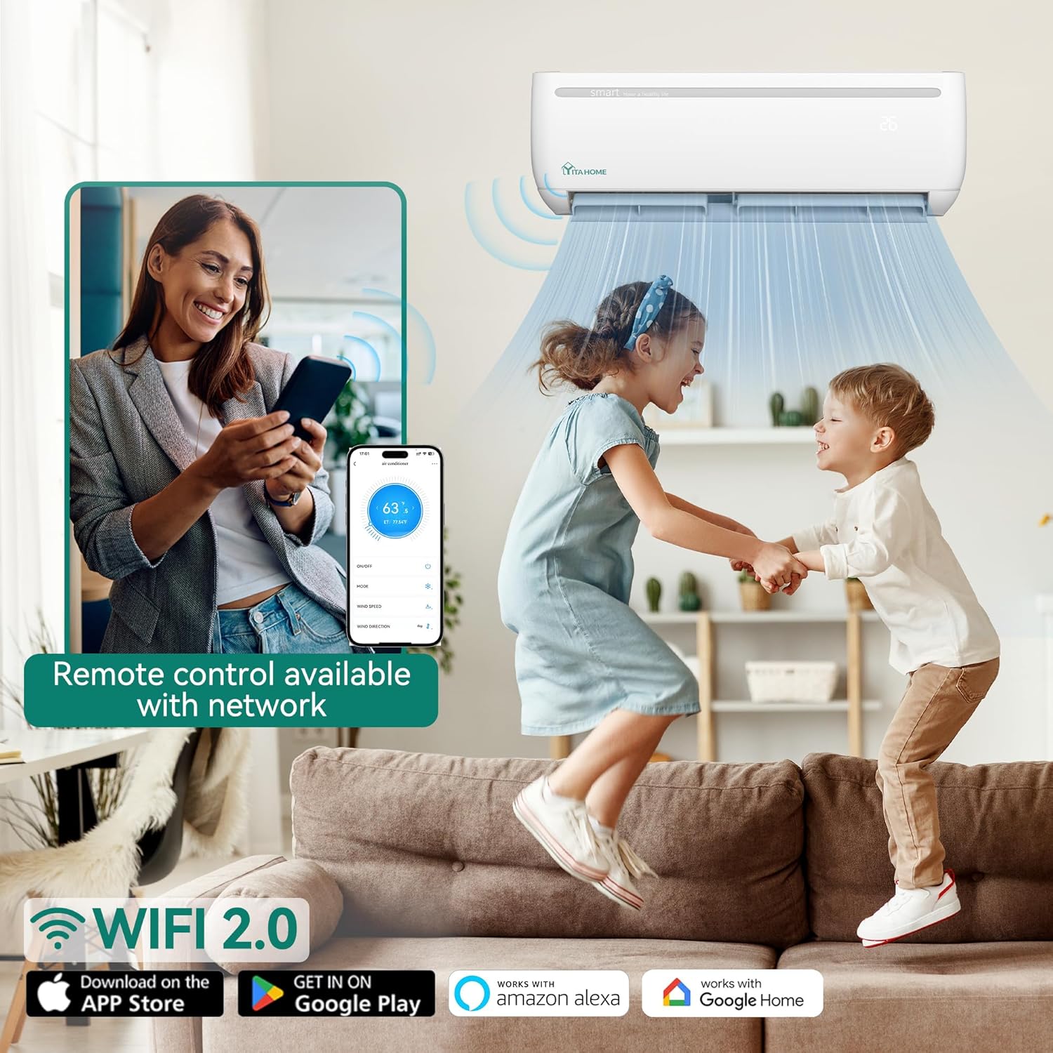 YITAHOME 24000 BTU Mini Split Air Conditioner Heat Pump System, Wifi Enabled 18.5 SEER2 208-230V Inverter Ductless AC Cool Up to 1500 Sq. Ft, Compatible with Alexa, Complete Installation Kit, White