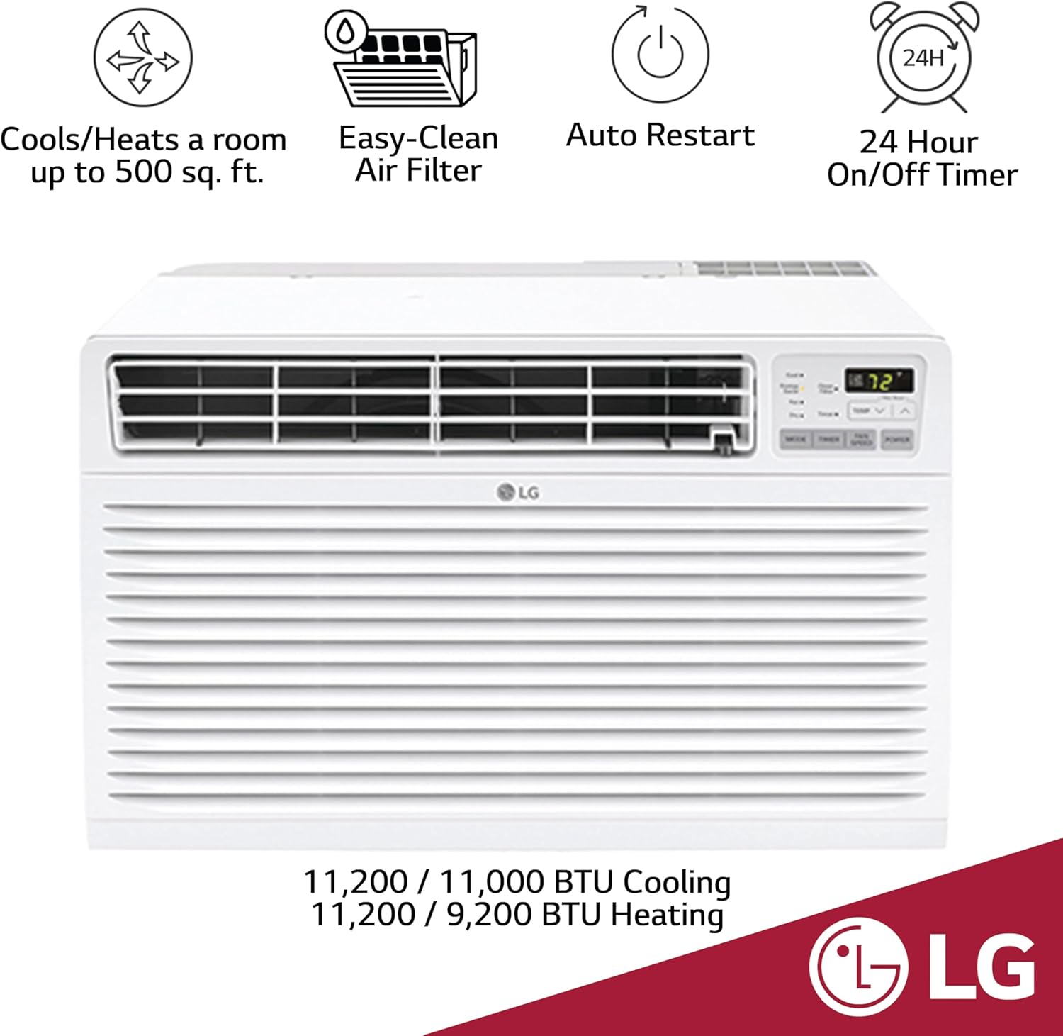 LG 11,200 BTU Through the Wall Air Conditioner, 230/208V, Cools 550 Sq.Ft. for Bedroom, Living Room, Apartment, with Remote, 2 Cooling & Fan Speeds, 4-Way Air Deflection, Supplemental Heat, White