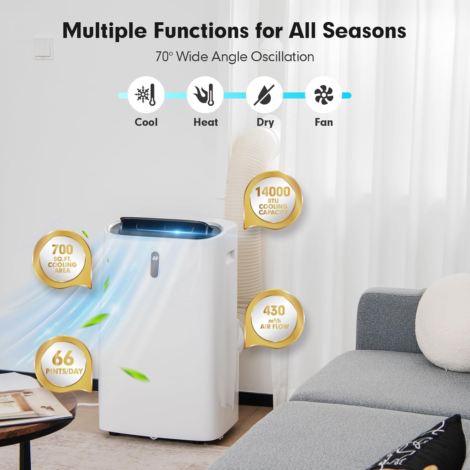 ARLIME 4-in-1 Portable Air Conditioner w/Remote Control, 14000 BTU AC Unit w/Cool, Heat, Fan, Dry & Sleep Mode, 24H Timer, Smart Phone Control, Air Cooler w/Window Kit, Cools Up to 700 sq.ft