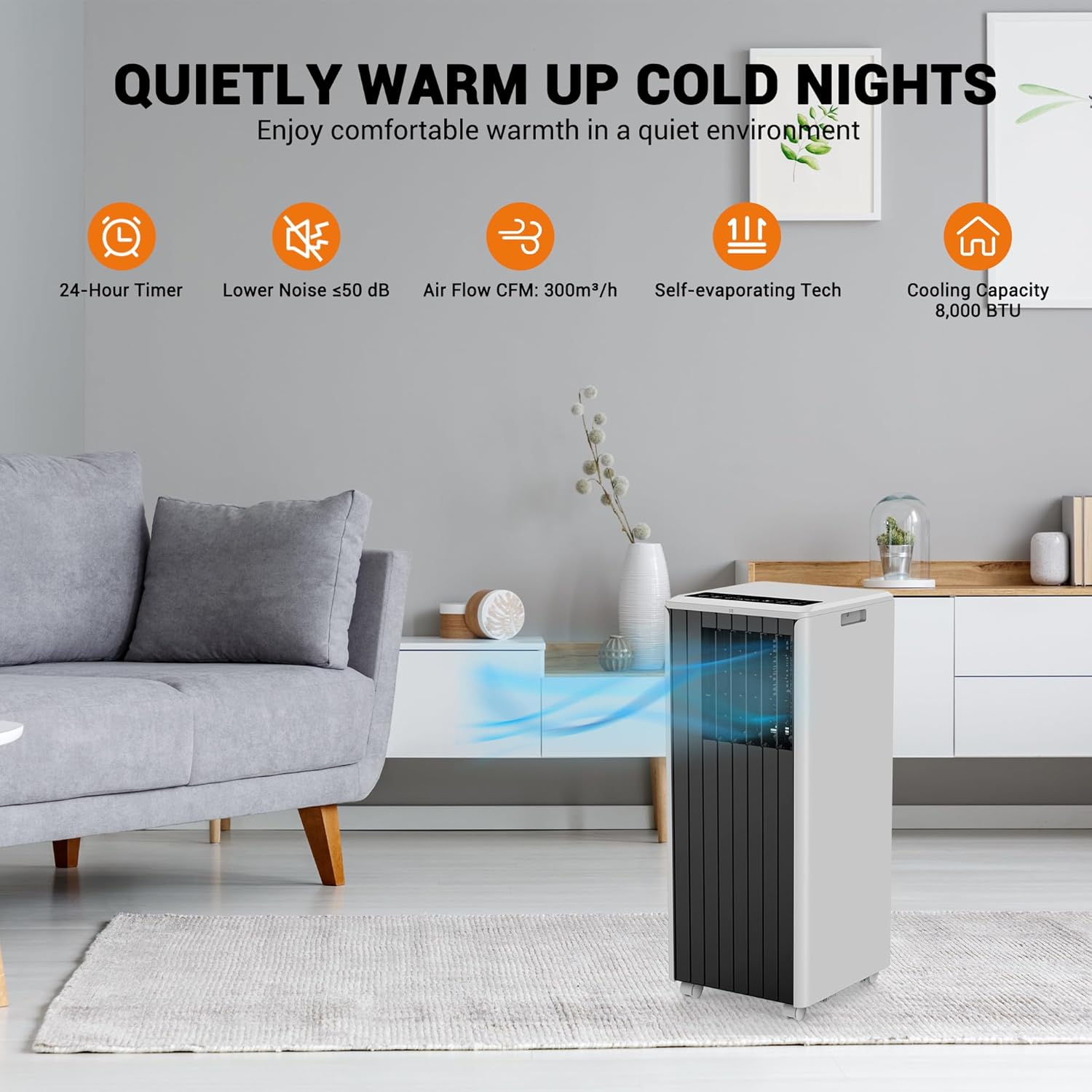 8000 BTU Portable Air Conditioner - 4-in-1 AC Cools 350 Sq.Ft Quickly | Remote, 24H Timer | Quiet for Bedroom, Apartment, Office, Dorm