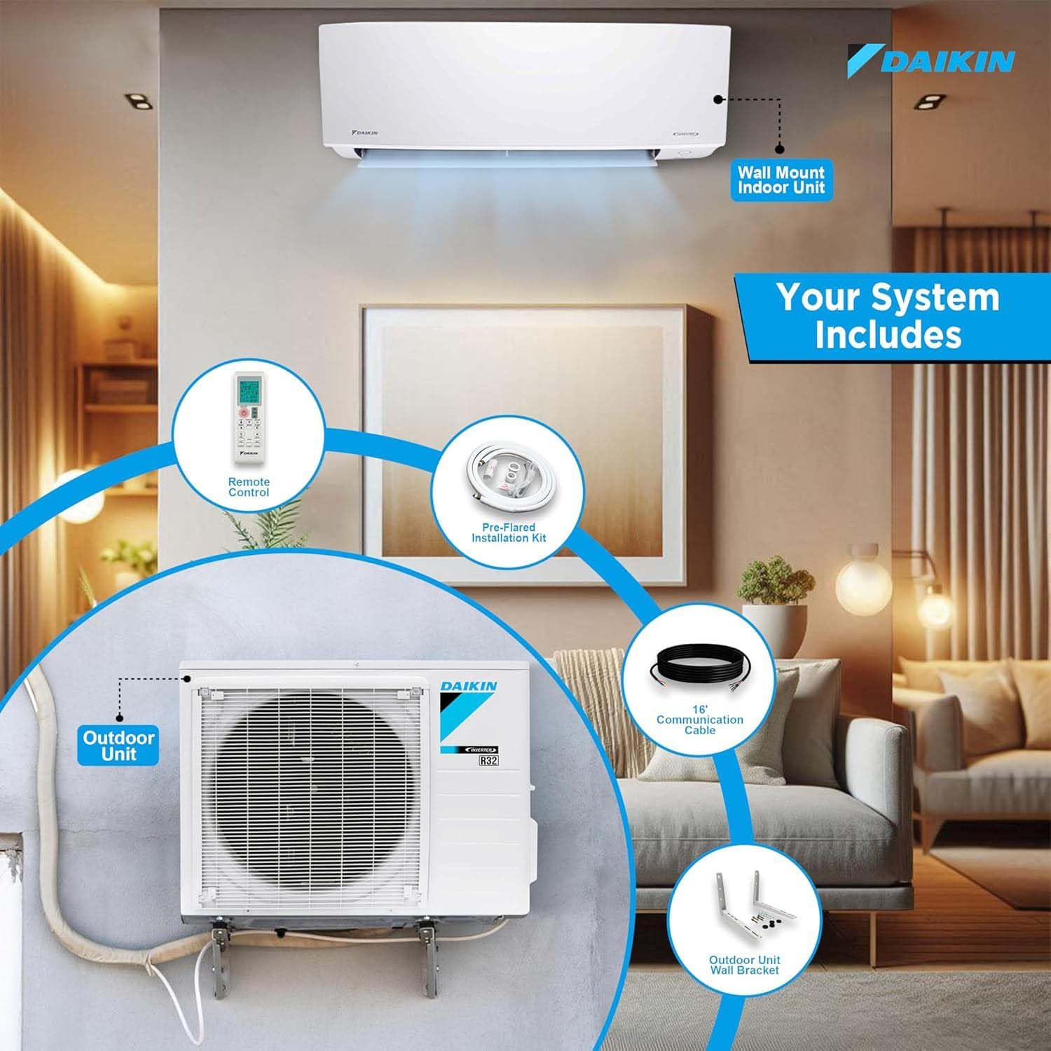 Daikin 24,000 BTU 21 SEER2 Oterra R32 Series Ductless Mini-Split Air Conditioner with Installation Kit and Wall Bracket- 230V
