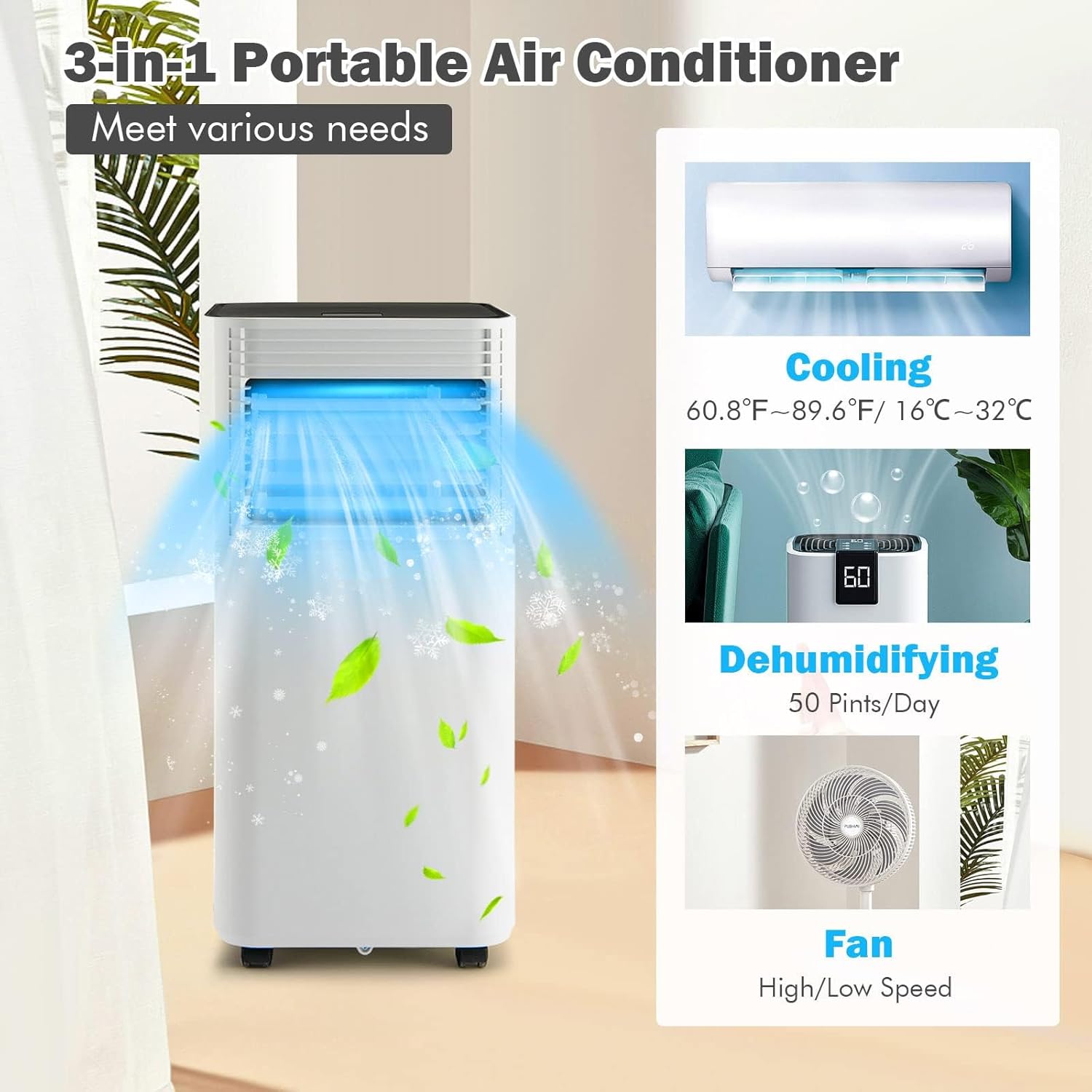 DORTALA Portable Air Conditioners 10000 BTU, AC Cooling Uint with Dehumidifier, Remote Control, 24H Timer & Window Kit, Stand up Air Conditioner for Bedroom, Dorm, Cools up to 350 sq.ft, White+Black