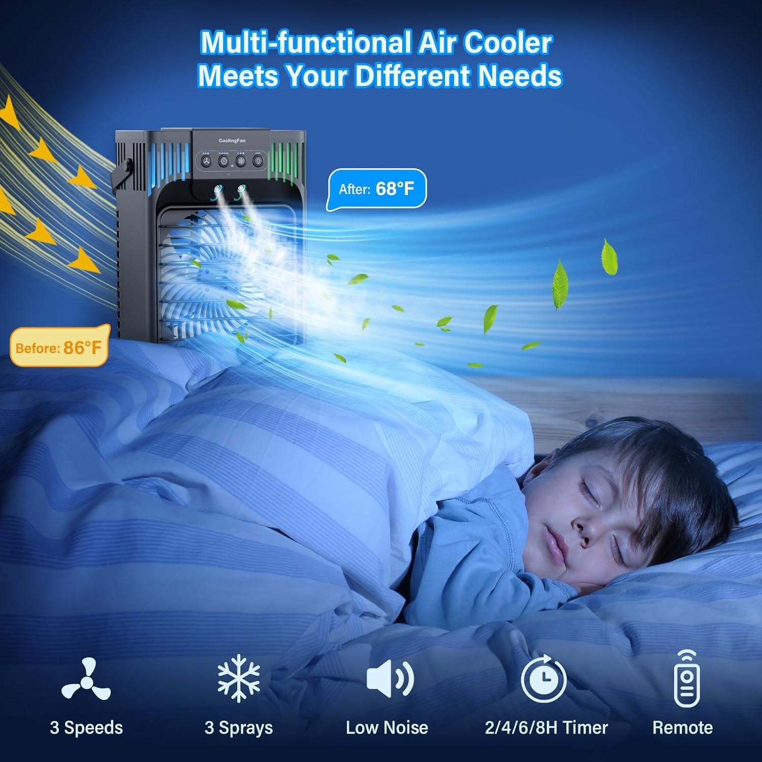 Portable Air Conditioners,4-in-1 Evaporative Air Cooler with 3 Speeds, 3 Modes & 7 LED Light Cooling Fan with Remote, 2-8H Timer, 1200ML Personal Mini Air Conditioner for Bedroom and Office