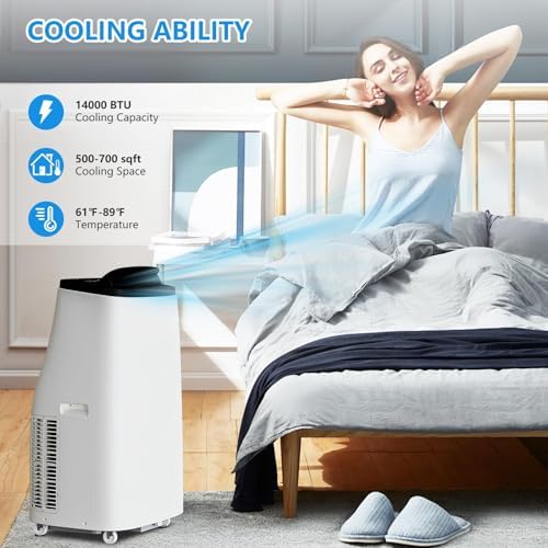 14,000 BTU Portable Air Conditioner Cools Up to 750 Sq.Ft, 3-IN-1 Quiet Portable AC Unit with Remote Control & Installation Kits for Large Room, Smart/Sleep Mode, Auto Swing, 24H Timer