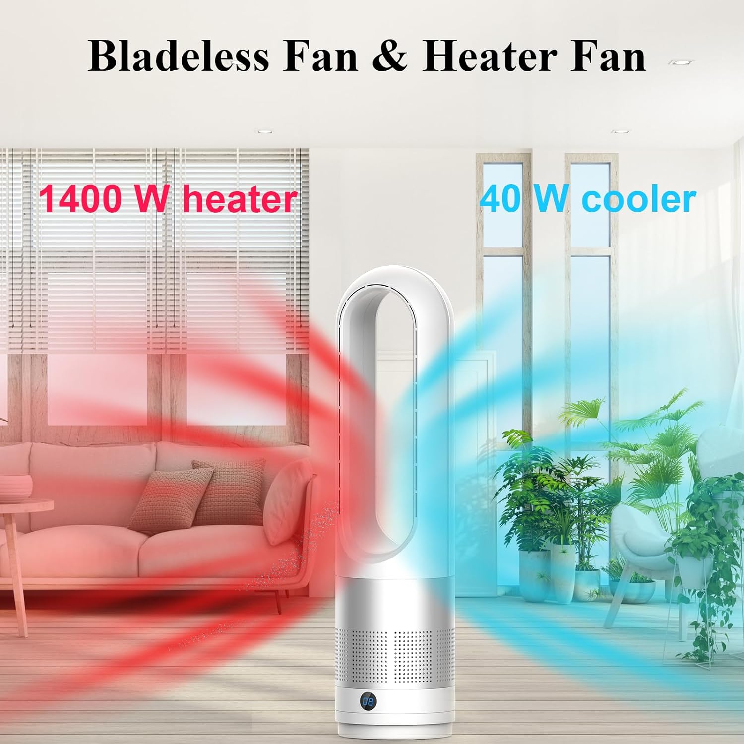 Bladeless Heater and Fan Combo, 1400 Watt Electric Heater and 40 Watt Cooling Fan, 80° Oscillation, All the Season Use, Remote and Touch Control, Office Room, Bedroom Indoor Use, Silver White