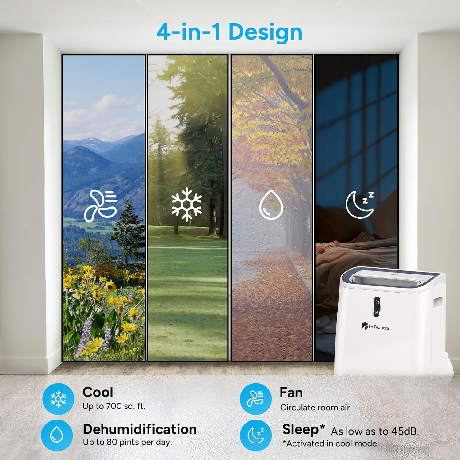 DR.PREPARE 14,000 BTU Portable Air Conditioner with WiFi Enabled, Cooling, Dehumidifier, Fan & Sleep Modes 4-in-1 Portable AC w/Remote Control & 67'' Window Kit, Cools Up To 700 sq. ft, 1-24H Timers