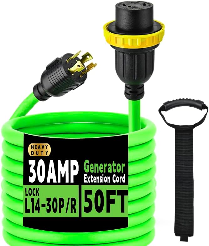30 Amp Generator Extension Cord (50 Feet) 4-Prong 120/250 Volt 7500W, Lock L14-30P/L L14-30R, 10 Gauge SJTW Locking Power Cord for Manual Transfer Switch ETL Listed