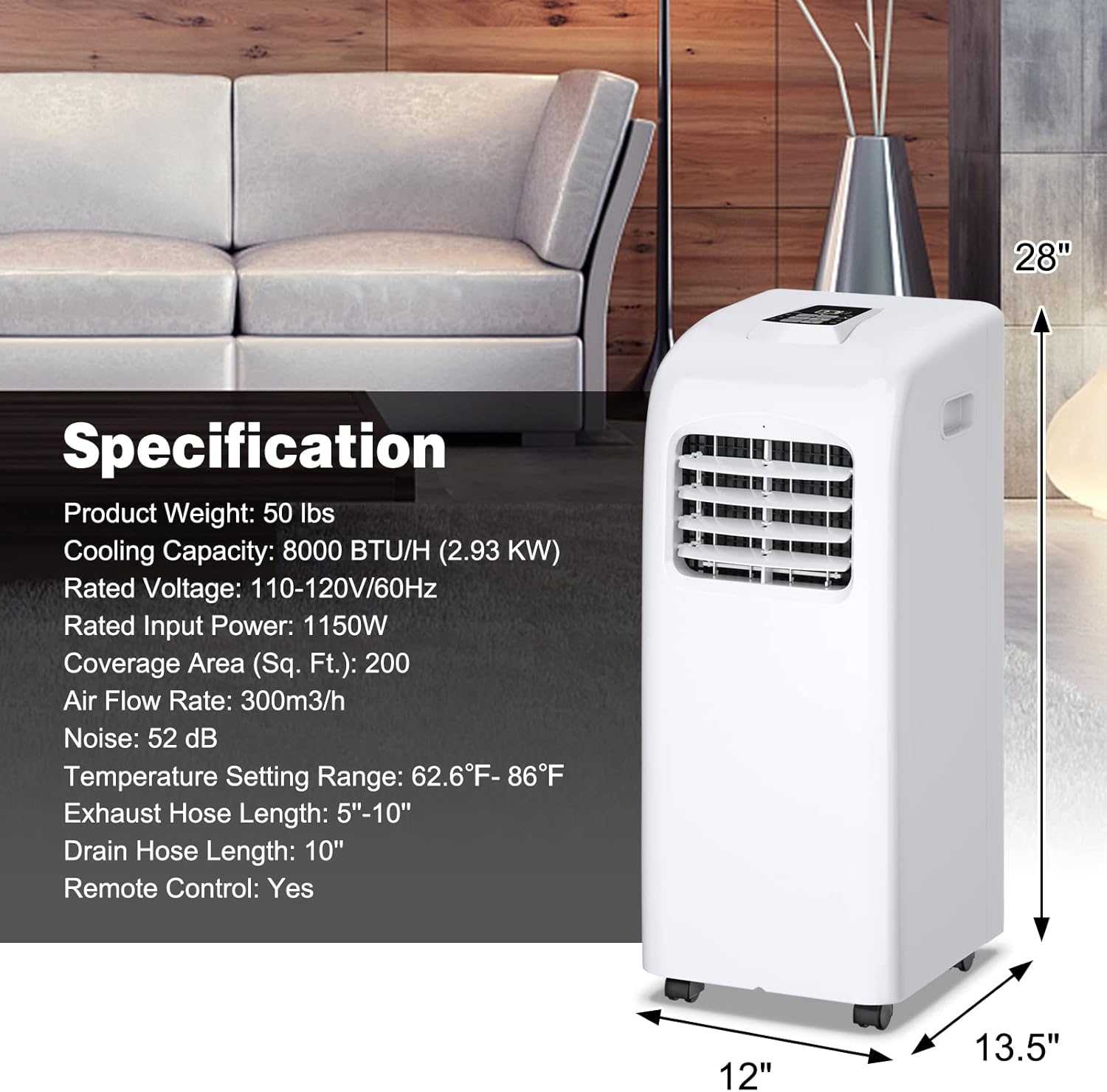 ARLIME Air Conditioner Portable 8,000 BTU w/Remote Control, Built-in Dehumidifier & Fan Modes, Quite Single Room AC Unit Cools Room Up to 200sq. ft., Floor Air Conditioner for Office, Dorm, Bedroom