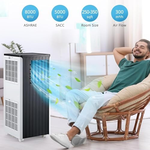 8000 BTUs Portable Air Conditioners, Air Conditioning Unit 3-in-1 Cooling, Dehumidifying & Fan Modes for 350 Sq.Ft, Remote Control, 24-Hour Timer, Easy Install Kit, Perfect for Home & Office, White