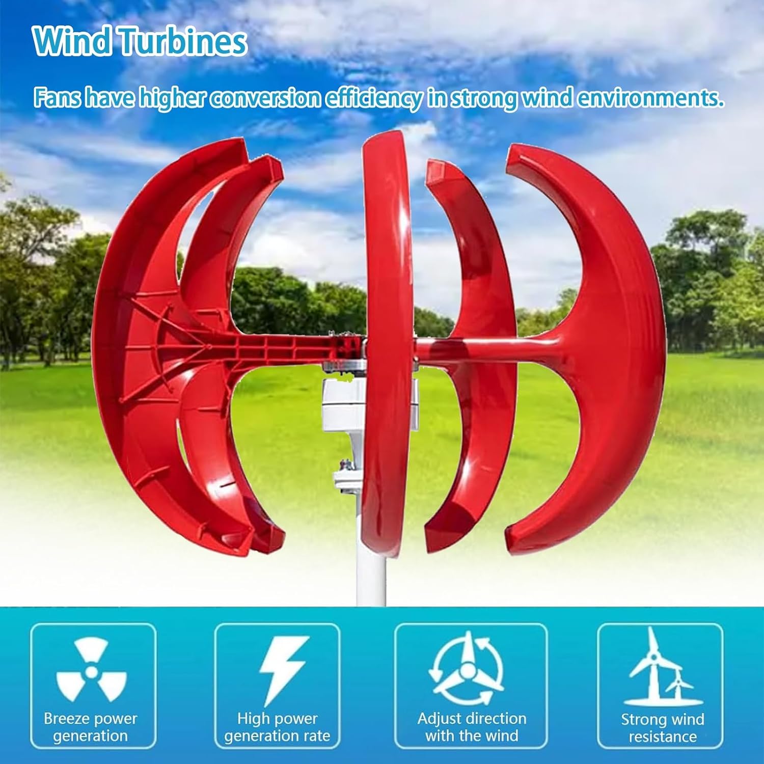 16000W Vertical Axis Wind Turbine Generator Kit, 5-Blade 12V/24V/48V System with Controller, Ideal for Home, Camping, Boat - Efficient Renewable Energy Solution in Red