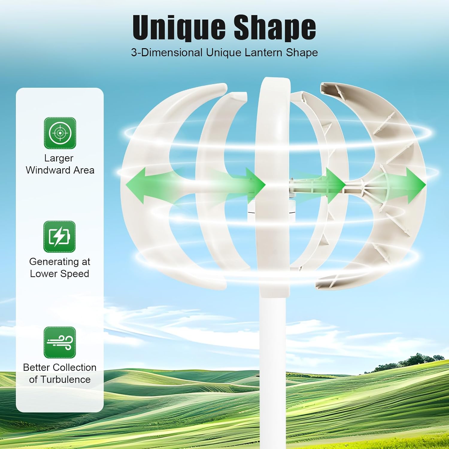 Lantern Wind Turbine Generator, 5-Blade Vertical Axis Wind Power with Controller and Flange Plate 600W 24V Electromagnetic System, 13m/s Rated Speed Wind Generators for Home Use (24 Volts)