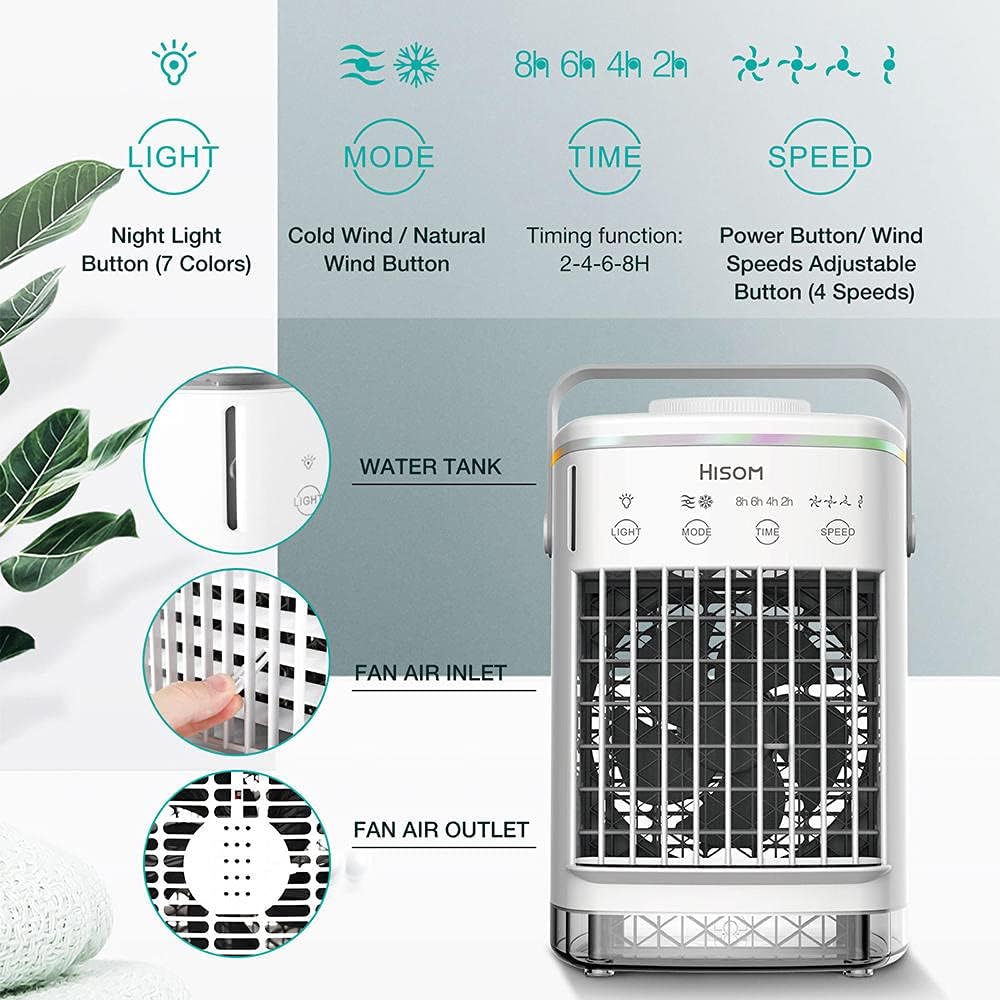 Portable Air Conditioner,Evaporative Air Conditioner Fan with Water Tank Camping AC Unit,Personal Air Cooler Desktop 4 Speeds 8H Timer 7 Colors-White