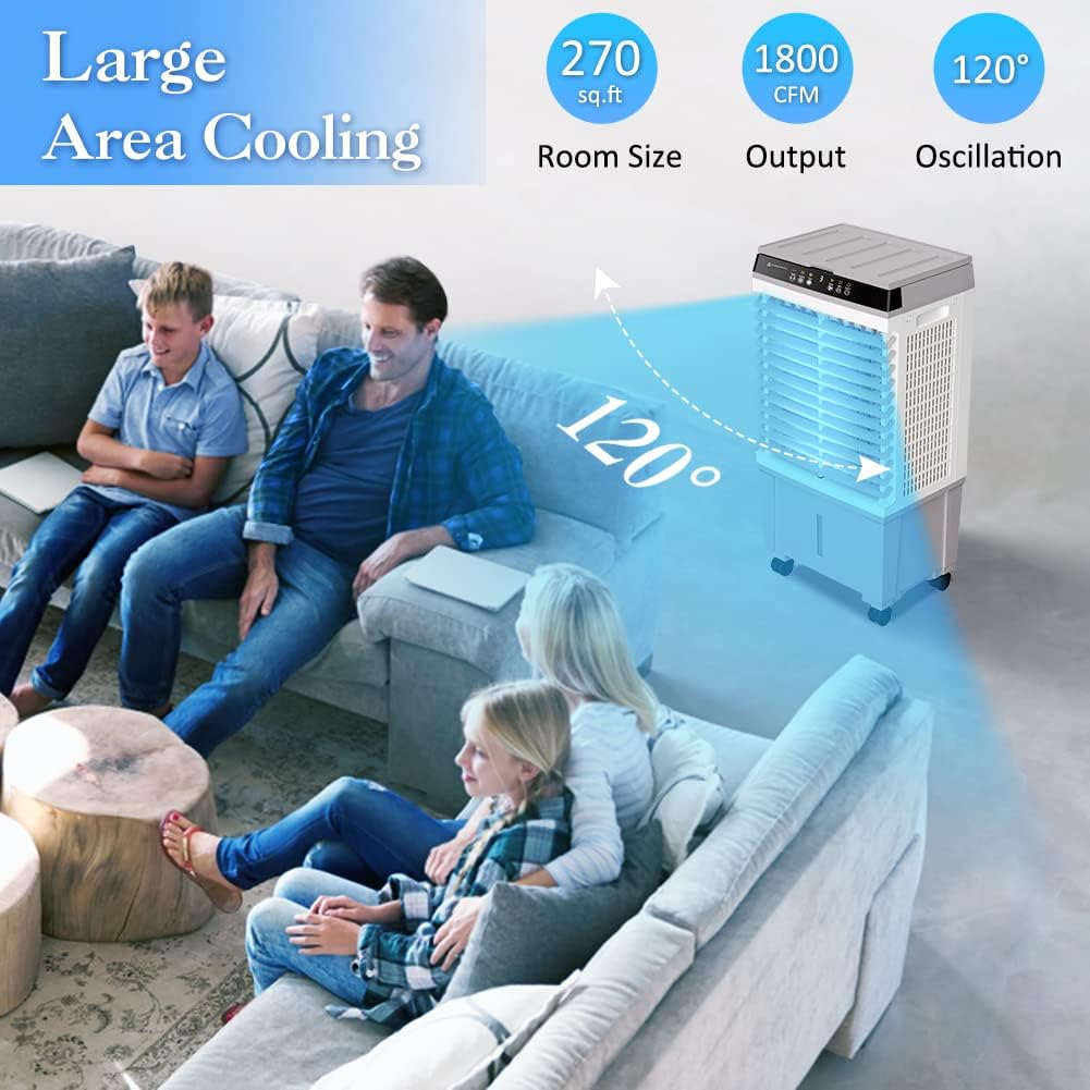 LifePlus Evaporative Air Cooler, 1800CFM Windowless Air Conditioner Portable for Large Room Commercial Garage Outdoor, 3 In 1 Swamp Cooler with Remote Control, 4 Ice Packs, 12H Timer, 5.3 Gallon