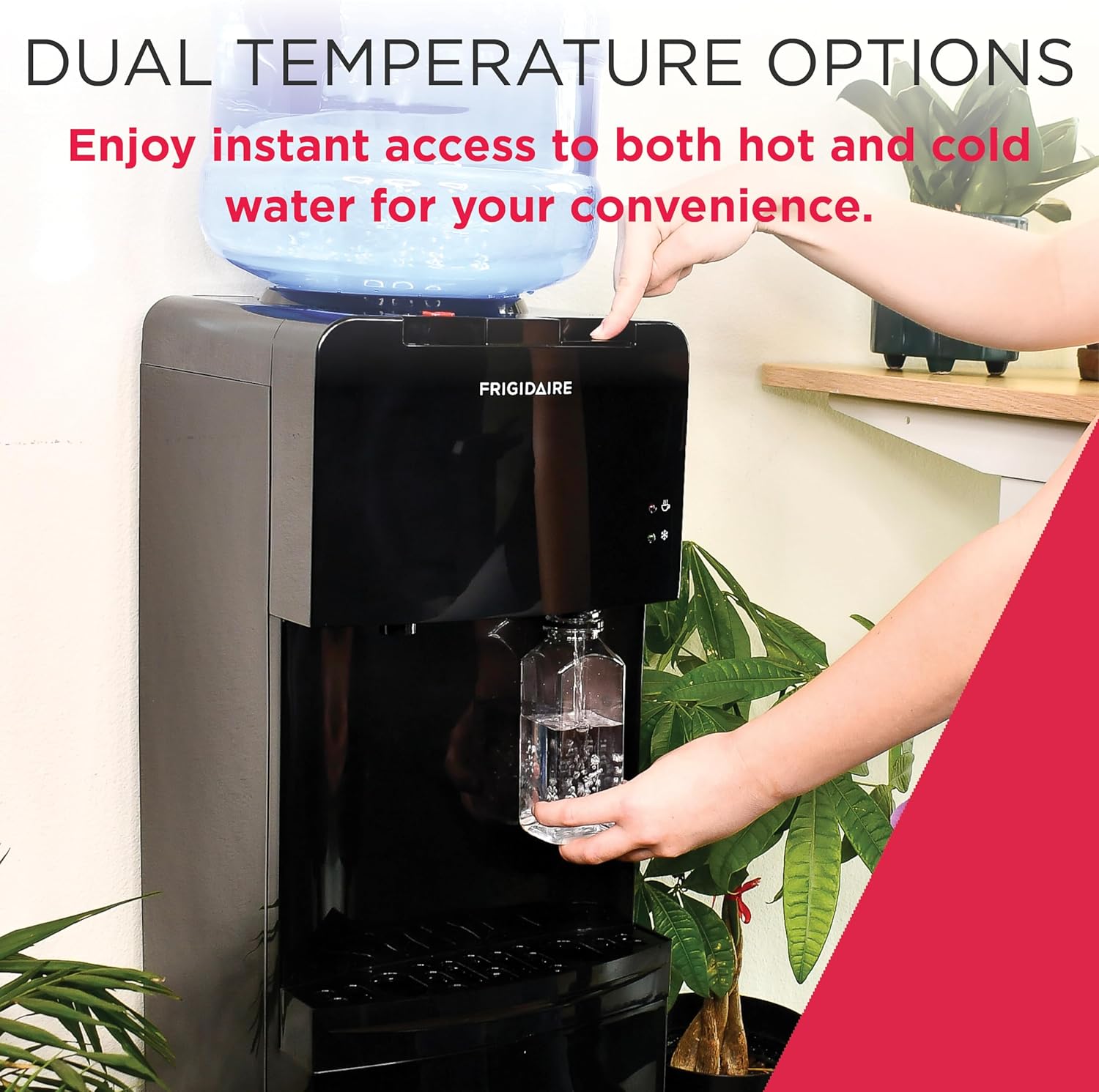 Frigidaire EFWC498 - Top Loading Cooler Dispenser -Hot & Cold Water - Child Safety Lock - Innovative Slim & Sleek Design, Holds 3 or 5 Gallon Bottles - Black