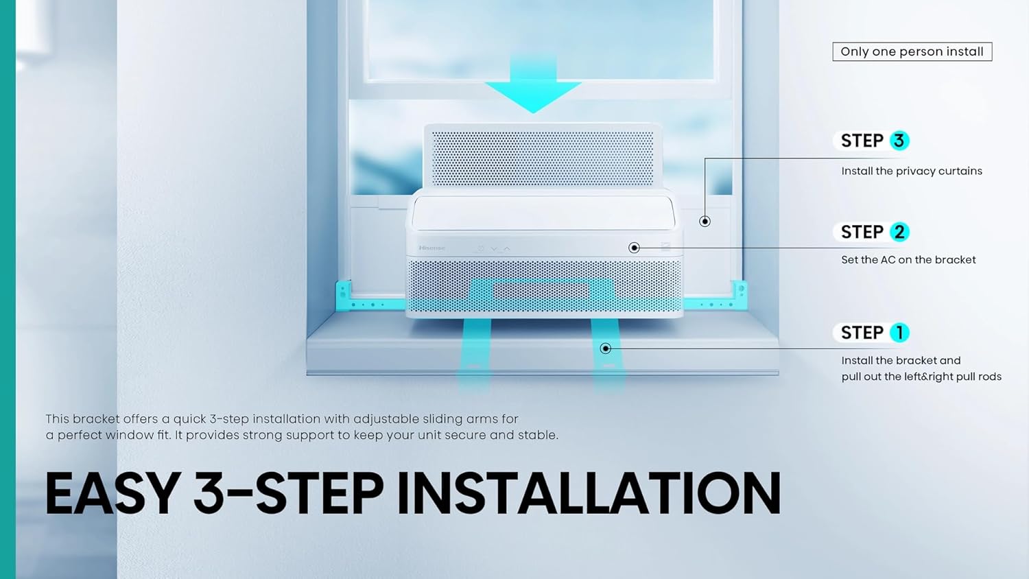 Hisense 8,000 BTU Smart Inverter Window Air Conditioner Easy Install Bracket, Up to 350 Sq Ft, Ultra-Slim Profile, 3 Speed, 700W, 4‑Way Air Direction HLAW0825TW (Renewed)