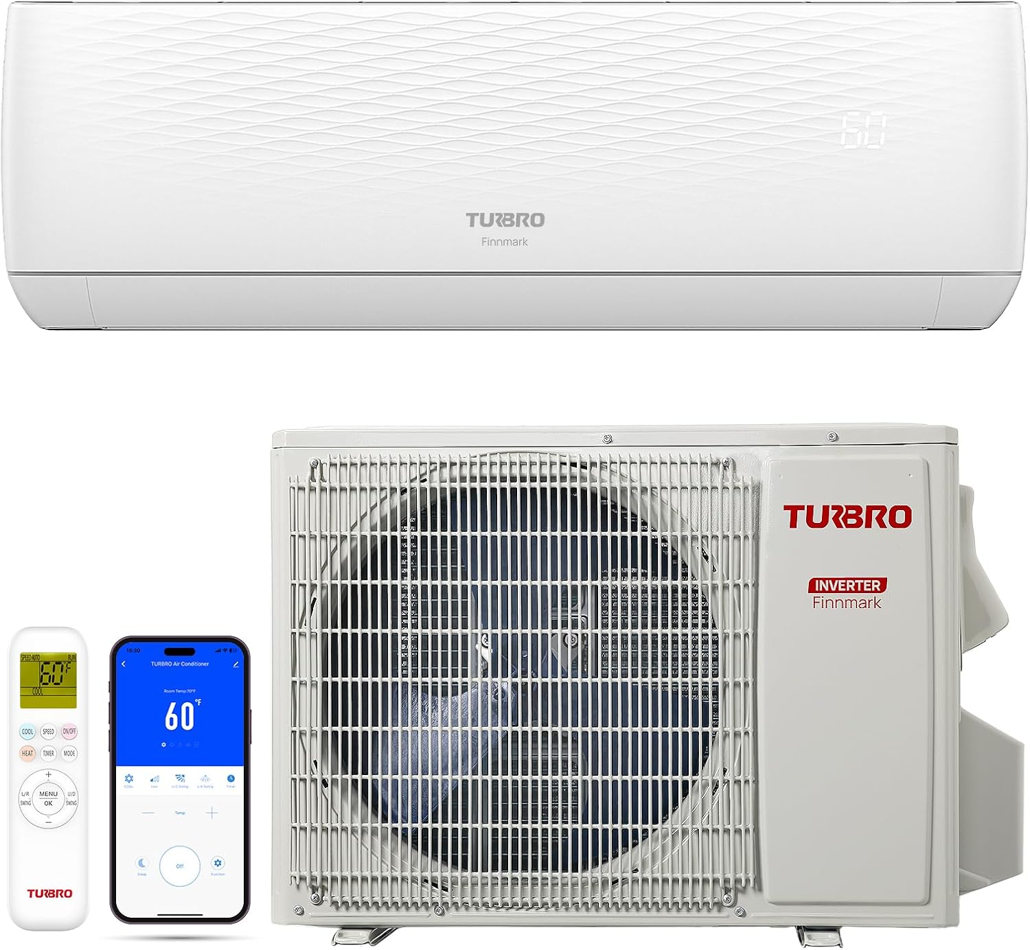 TURBRO 18,000 BTU Ductless Mini Split AC/Heat Pump, 19 SEER2 Inverter, WiFi Smart Control, R32 Refrigerant, 230V Pre-Charged System, AHRI Certified, Finnmark Series