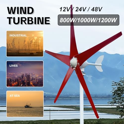 800W-1200W Wind Turbine Generator Kit - 12V/24V/48V, MPPT Controller, 5 Red Blades, Low Starting Wind Speed 2.5m/s, Ideal for Home Power Generation, 1000W Output