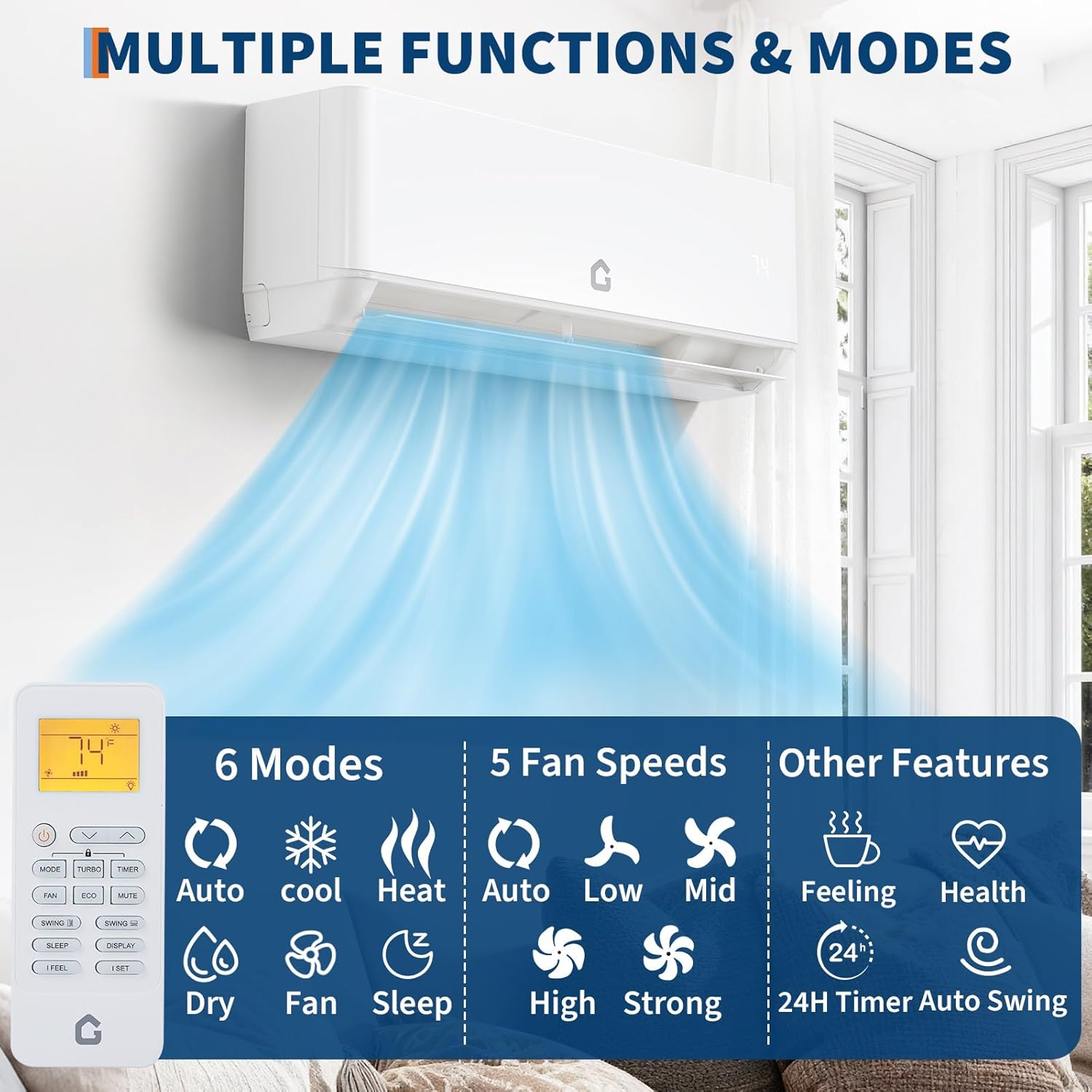 Garvee 24 SEER2 27K BTU 3 Zone Mini Split AC/Heating System, 12000 12000 12000 BTU Tri Zone Mini Split Air Conditioner, Wifi Enabled 208-230V Ductless AC Cool Up to 2250 Sq. Ft