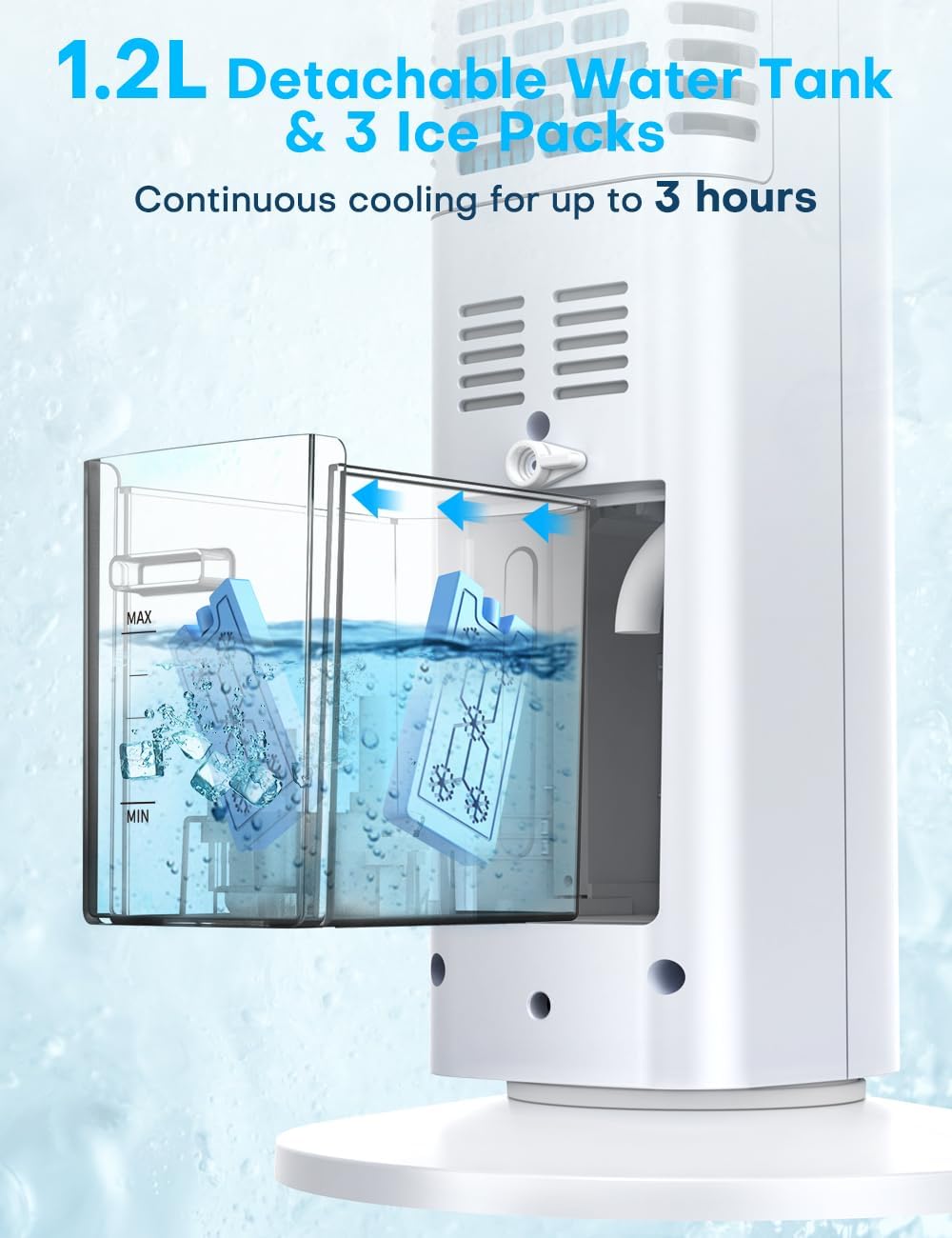 BALKO Windowless Swamp Cooler, 3 Ice Pack, 70° Oscillation, Ductless Air Conditioner, w/ 0.8 Gal Detachable Water Tank, 7H Timer & Remote, White