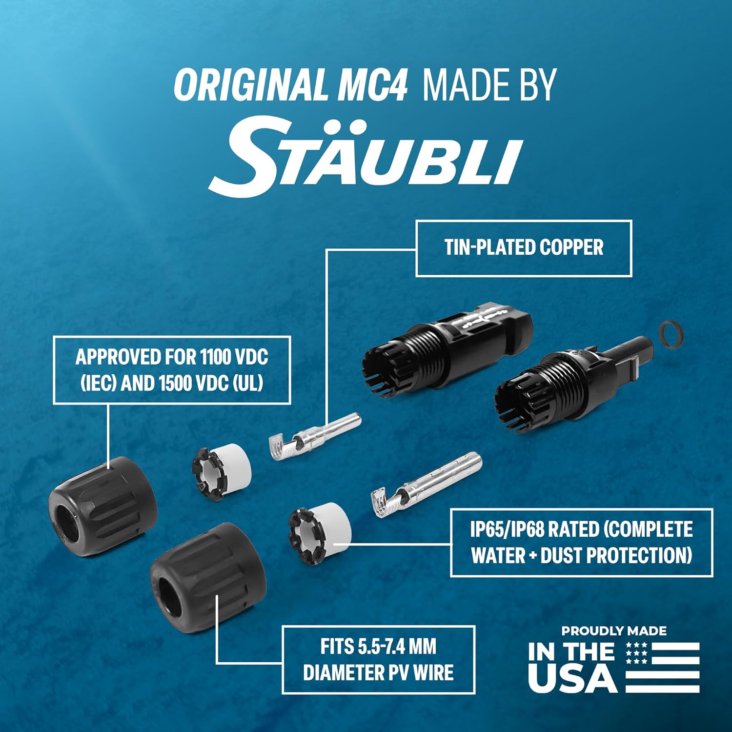 Staubli MC4 Male & Female Solar Panel Connectors (20 Pairs) – for PV Cable, Made in USA