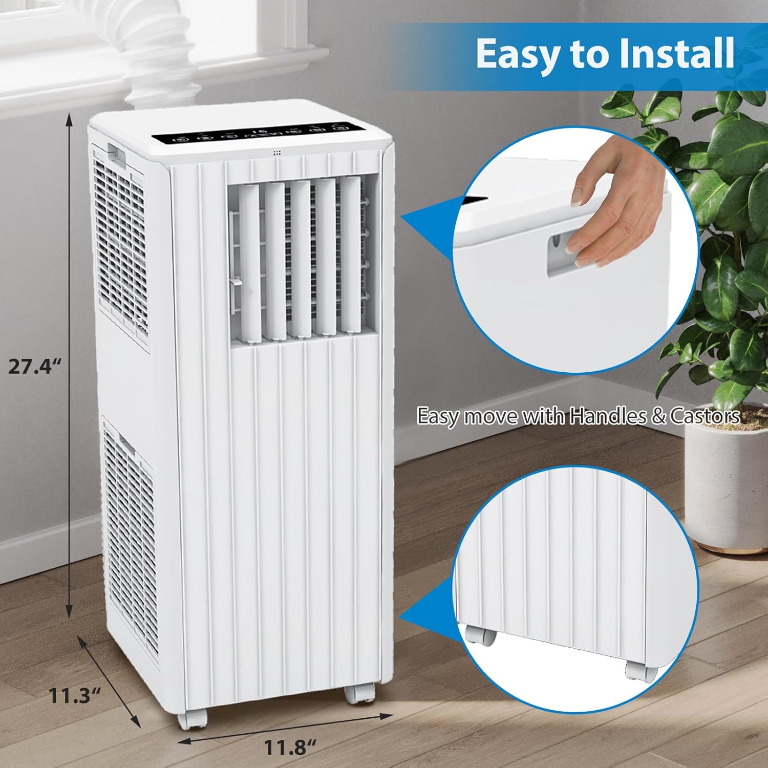 8,000 BTU Portable Air Conditioner with Remote, 3-in-1 AC, Dehumidifier & Fan for Rooms Up to 350 Sq.Ft. Includes Window Installation Kit, 24-Hour Timer, Easy Mobility Wheels & Quiet Operation (White)