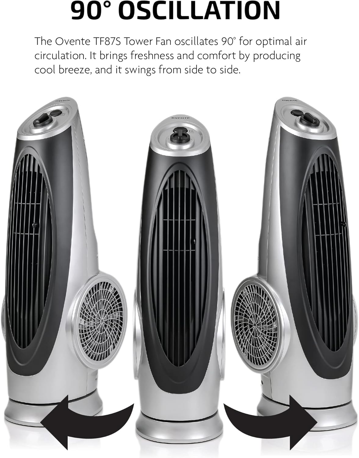 Ovente Portable Electric 30.4 Inch 90° Oscillating Tower Fan with 3 Speeds controlled by Manual Analog Knob with Low-Noise Technology Cool Air Breeze, Indoor, Bedroom, Home, Office, Silver TF87S