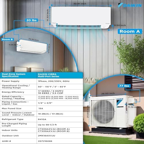 Daikin 2-Zone (9,000 BTU + 9,000 BTU) CIRRA Series Mini Split Air Conditioner Heat Pump System with Maxwell 15 ft. Installation Kit and Wall Bracket
