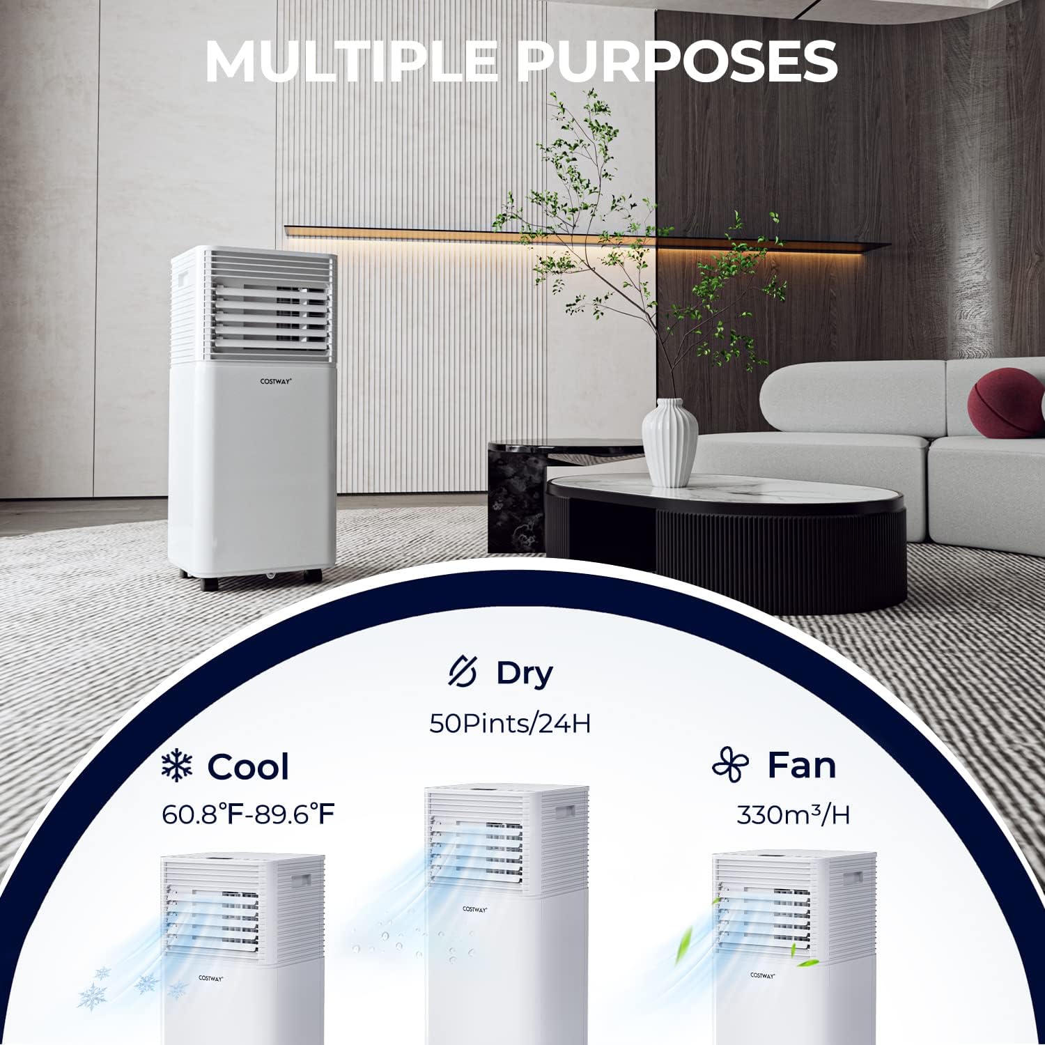 COSTWAY Portable Air Conditioner, 10000BTU AC Cooling for Room Spaces up to 350sq.ft, with Remote Control, 24H Timer & Window Venting Kit, with Sleep Mode, for Bedroom, Living Room, White