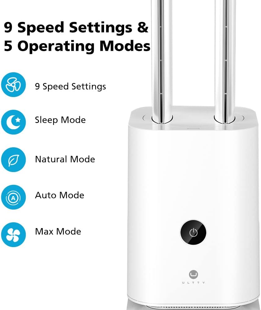 ULTTY Bladeless Tower Fan and Air Purifier in one, Bedroom Fan with HEPA Filter 99.97% Smoke Dust Pollen Dander, 42 Inch 90° Oscillating Tower Fan with Remote, Touch, 8H Timer