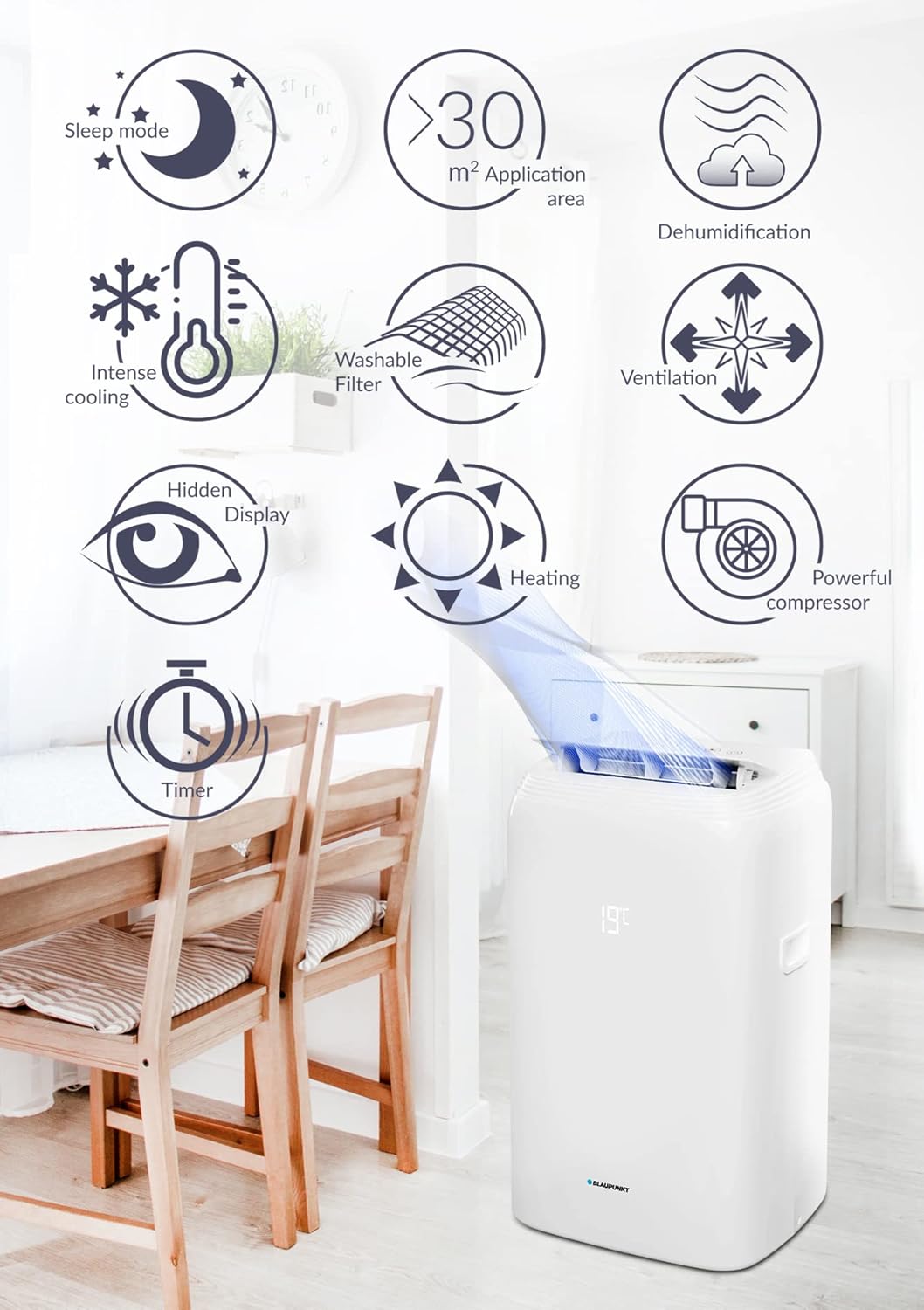 Blaupunkt Moby Blue G 111E (Mod. '21), mobile air conditioner local air conditioner, EU energy class A/A +, white, cold (3.2 kW / 11 kBTU), heating (2.9 kW / 10 kBTU), UV function, dehumidification,