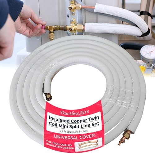 DuctlessAire Insulated Copper Twin Line Set for Ductless Mini Split Air Conditioner and Heat Pump System - Insulation Copper Pipe Coil Tubing for HVAC, AC & More - Universal Cover (25ft, 3/8 x 5/8 in)