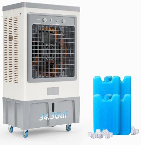 ROVSUN 34.3Gal/130L Commercial Swamp Cooler, 9000CFM Powerful Evaporative Air Cooler, 500W Strong Motor, 3 Speeds, 4 Ice Packs, 3-IN-1 Humidifying Cooling Fan for Shop, Factory, Garage