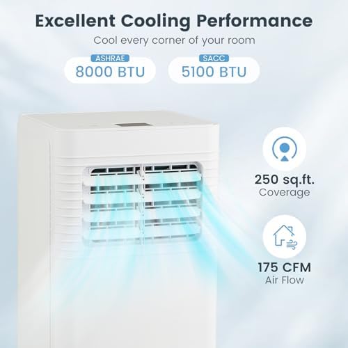 ARLIME 8000 BTU Portable Air Conditioner, 3-in-1 AC Unit w/Dehumidifier & Fan, Sleep Mode & 24H Timer, Air Cooler w/Remote, Detachable Filter & Window Kit, Cools Up to 250 Sq.Ft, White (8000 BTU)