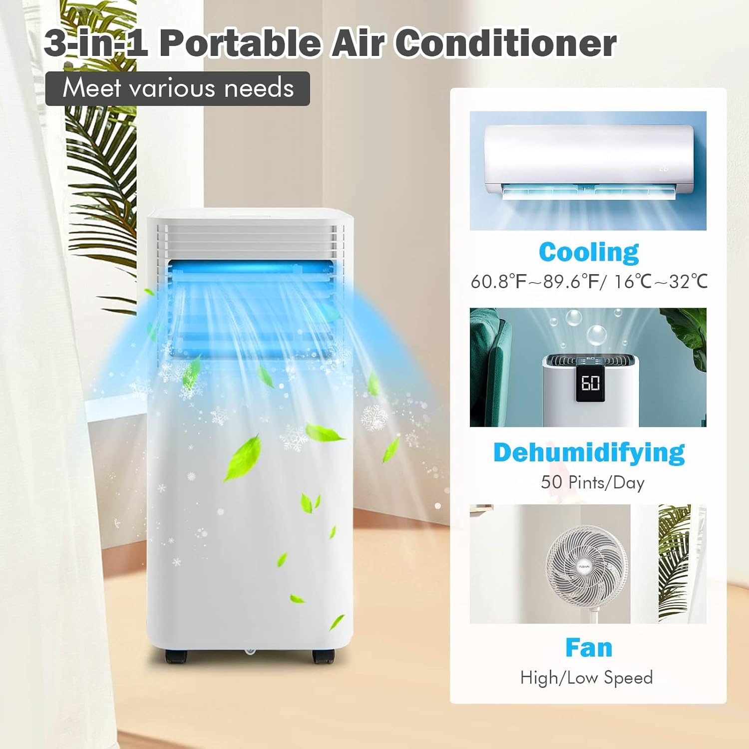DORTALA Portable Air Conditioners 10000 BTU, AC Cooling Uint with Dehumidifier, Remote Control, 24H Timer & Window Kit, Stand up Air Conditioner for Bedroom, Dorm, Cools up to 350 sq.ft, White