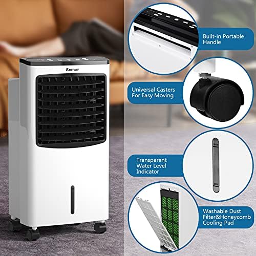 Rolling Evaporative Air Cooler, 3-in-1 Air Conditioner w/Fan & Humidifier, Portable Bladeless Quiet Electric Fan with Remote Control & Casters, 2 Ice Box & 8 Liter Water Tank for Home/Office
