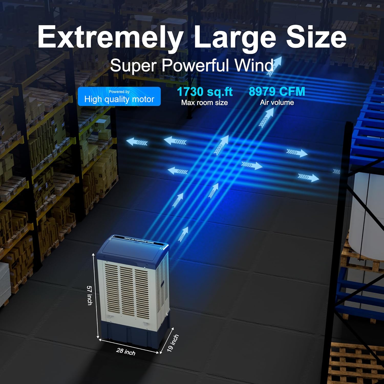 AKIRES 8979CFM Portable Swamp Cooler Air Conditioner,57IN Air Cooler for 1730Sq.ft of Space,with Continuous Auto Fill,36-Gal Water Tank,120°Oscillation,5 Ice Packs,Cooling Fan for Outdoor,Garage