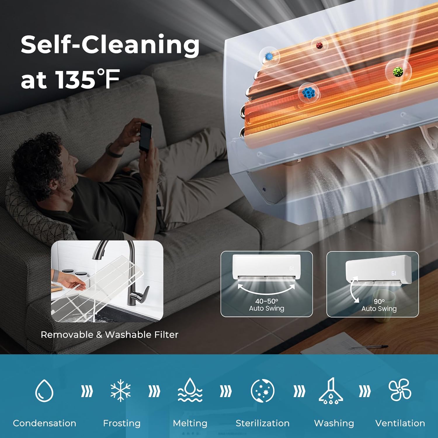 KOTEK 12000 BTU Mini Split AC/Heating System, Energy Star, 21 SEER2 Inverter Ductless AC Unit, Cools Up to 750 Sq. Ft, Wall Mounted Air Conditioner with Heat Pump (12000BTU, 208-230V, 21 SEER2)