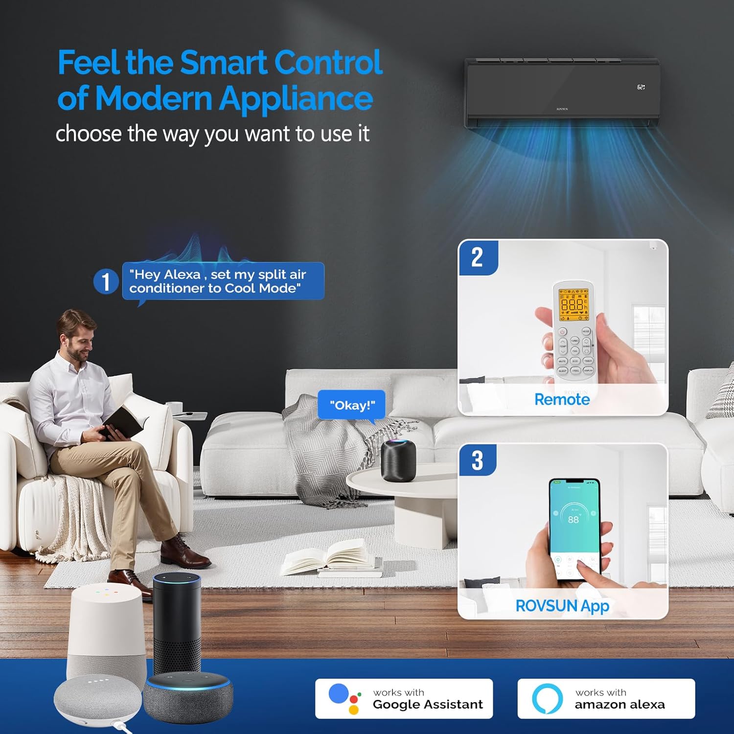 ROVSUN 9000 BTU 19 SEER 115V Energy Saving Ductless Mini Split Inverter Plus System with Heat Pump and Dehumidification, AHRI Certified