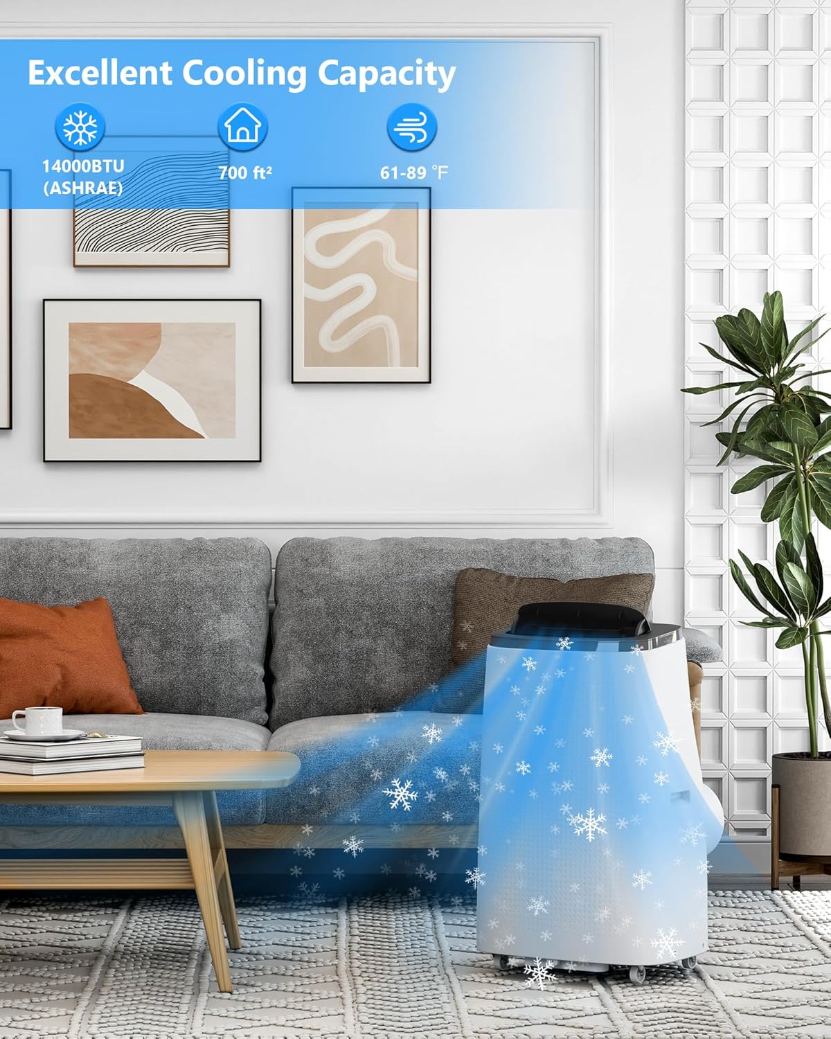 14000BTU Portable Air Conditioner, Cool/Fan/Dry 3-in-1 Portable AC Unit up to 750 Sq with Sleep Mode and Remote Control, 24H Timer, Easy Installation and Ultra Quiet AC for Bedroom, Office