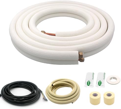 16FT Mini Split Line Set 1/4*1/2 OD HVAC Copper Tube Pipe Extension,3/8 Thickened PE Insulation Coil Air Conditioner Twin Copper Line Heating Equipment Hose with Flared Nuts (16FT (1/4+1/2) with wire)