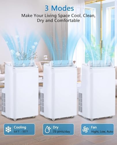 12000 BTU Portable Air Conditioners with Remote Control, 3 in-1 Free Standing Cooling AC Unit with Fan & Dehumidifier, Cools Room up to 500 sq.ft, Auto Swing，Smart Sleep Mode for Bedroom, Indoor Rooms