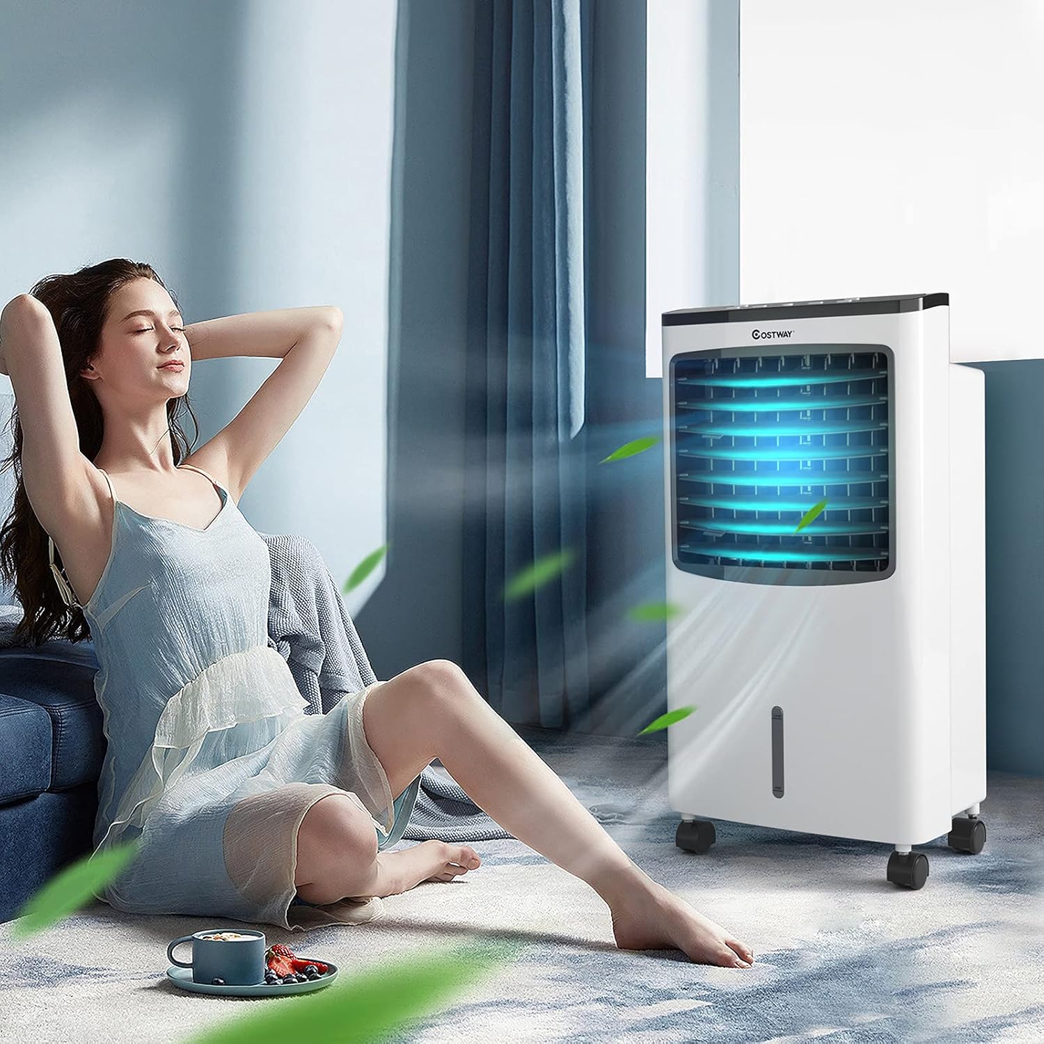 Rolling Evaporative Air Cooler, 3-in-1 Air Conditioner w/Fan & Humidifier, Portable Bladeless Quiet Electric Fan with Remote Control & Casters, 2 Ice Box & 8 Liter Water Tank for Home/Office