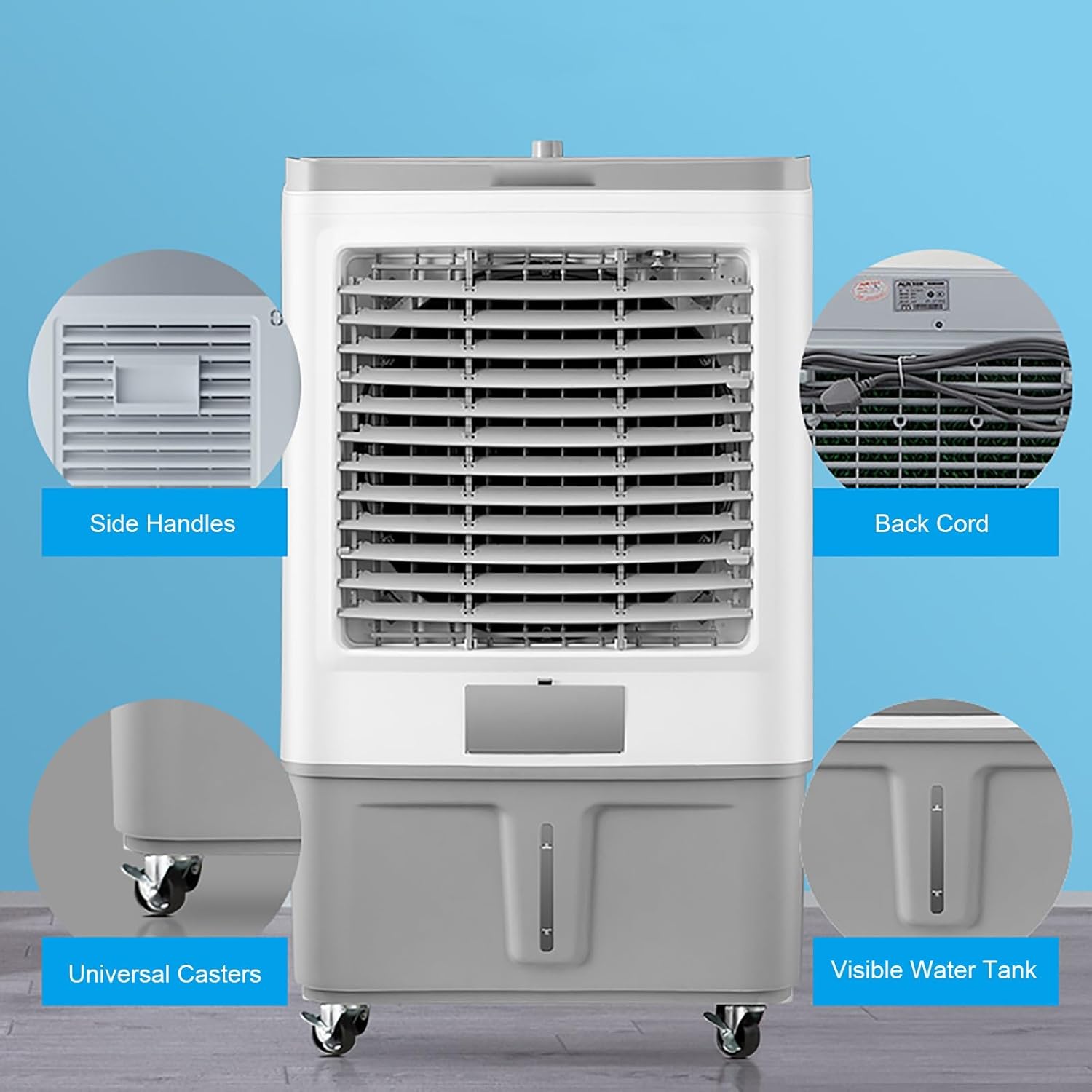 Evaporative Air Cooler, 3 In 1 Ventless Portable Air Conditioner, 8 Gallon Swamp Cooler with 90° Oscillation, 4 Ice Packs, 3 Speeds Cooling Fan For Home, Office, Supermarket