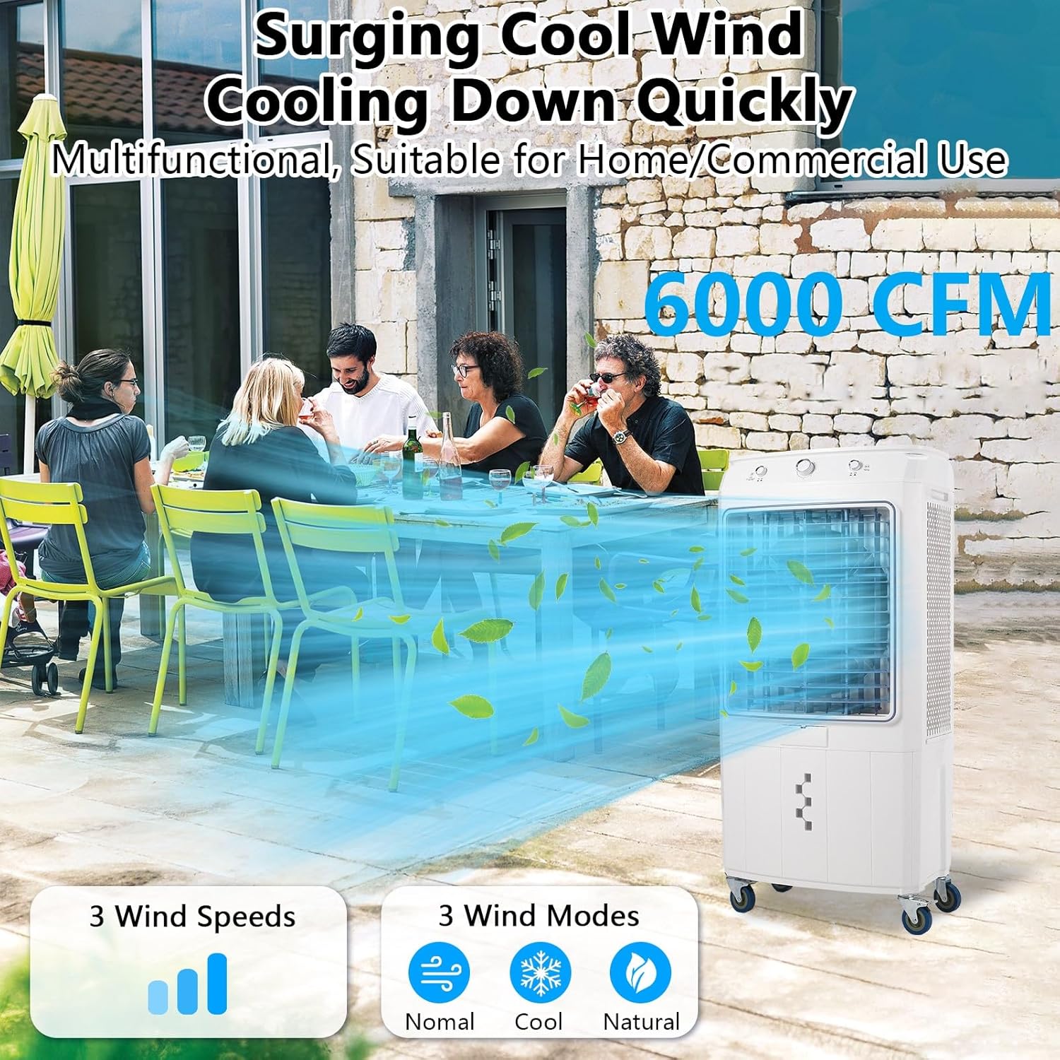 6000 CFM Evaporative Air Cooler, 15.8 Gallon Swamp Cooler with 120°Oscillation, 3 Speeds and Modes, 3-In-1 Swamp Cooler Air Conditioner, Portable Air Cooler Fan for Indoor Garage Outdoor Patio