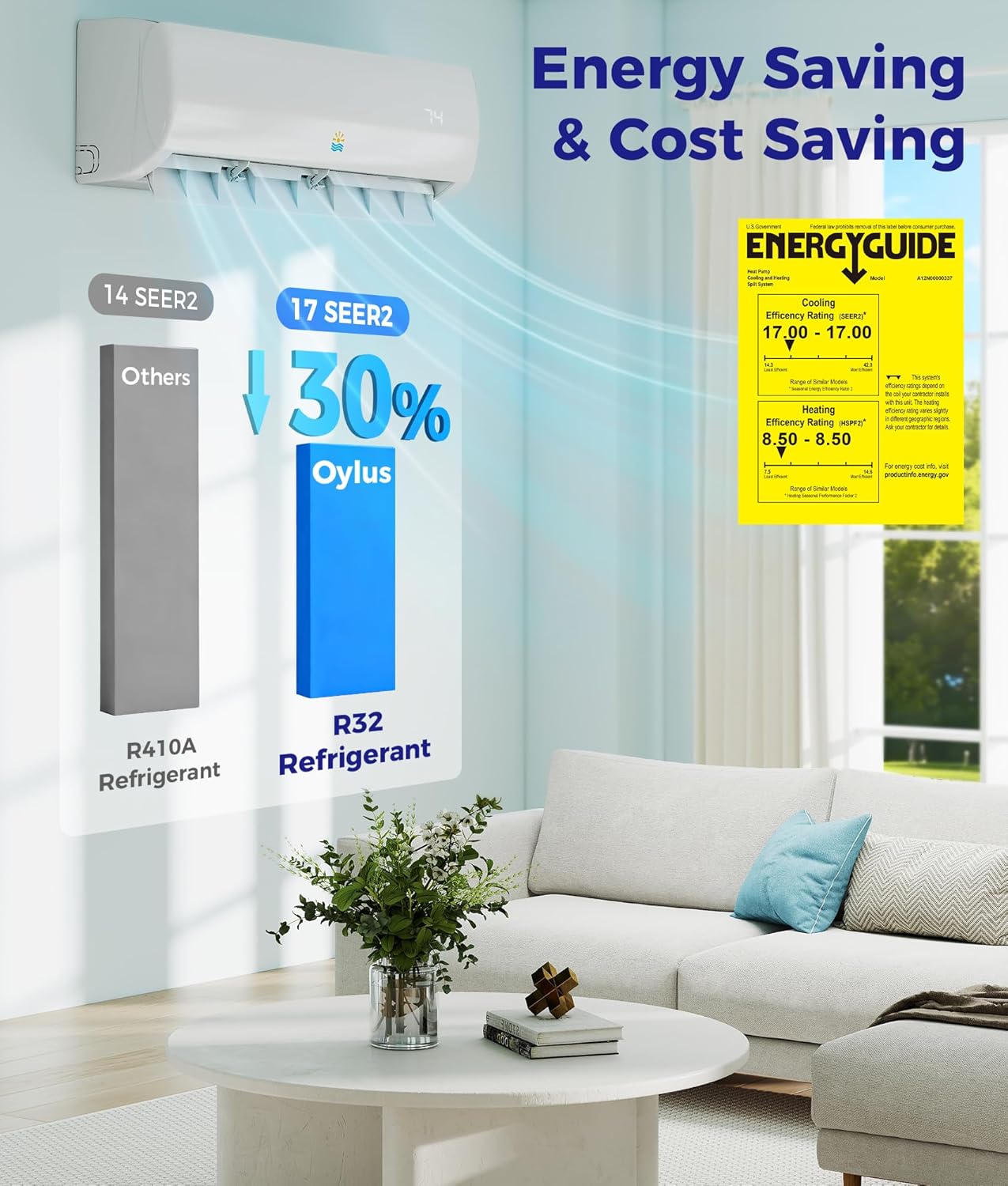 Mini Split Ac/Heating System - 11500 BTU Ductless Pre-Charged Mini Split Air Conditioner with Heat Pump, 17 SEER2 115V Energy Efficient Ac Unit Up to 750 Sq.Ft, Complete Installation Kit