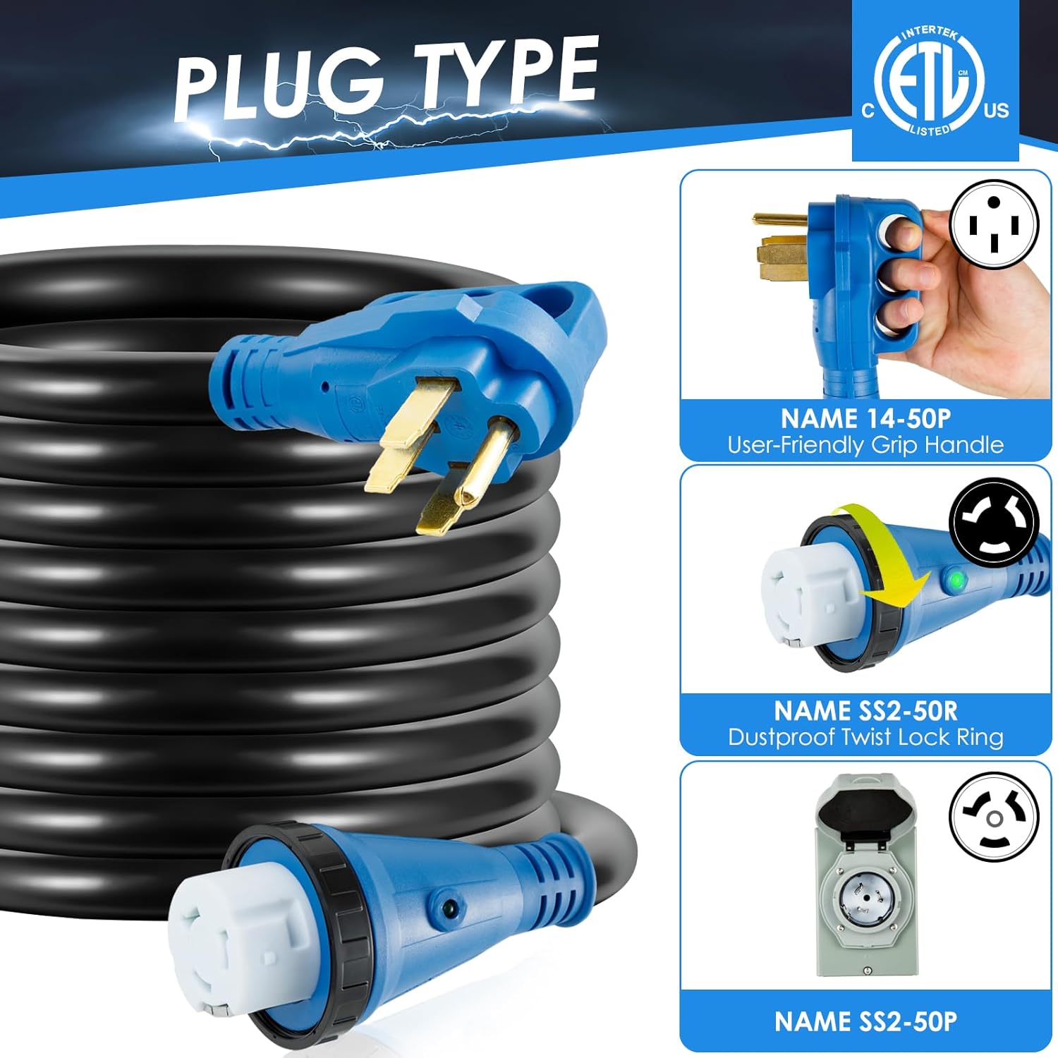 BOYISEN 50 Amp Generator Cord 25FT and Power Inlet Box Combo Kit, 50 Amp Generator Pre-Drilled Inlet Box, NEMA 14-50P to SS2-50R Cord with Adapter Plug and Cable Waterproof Combo Kit, ETL Listed