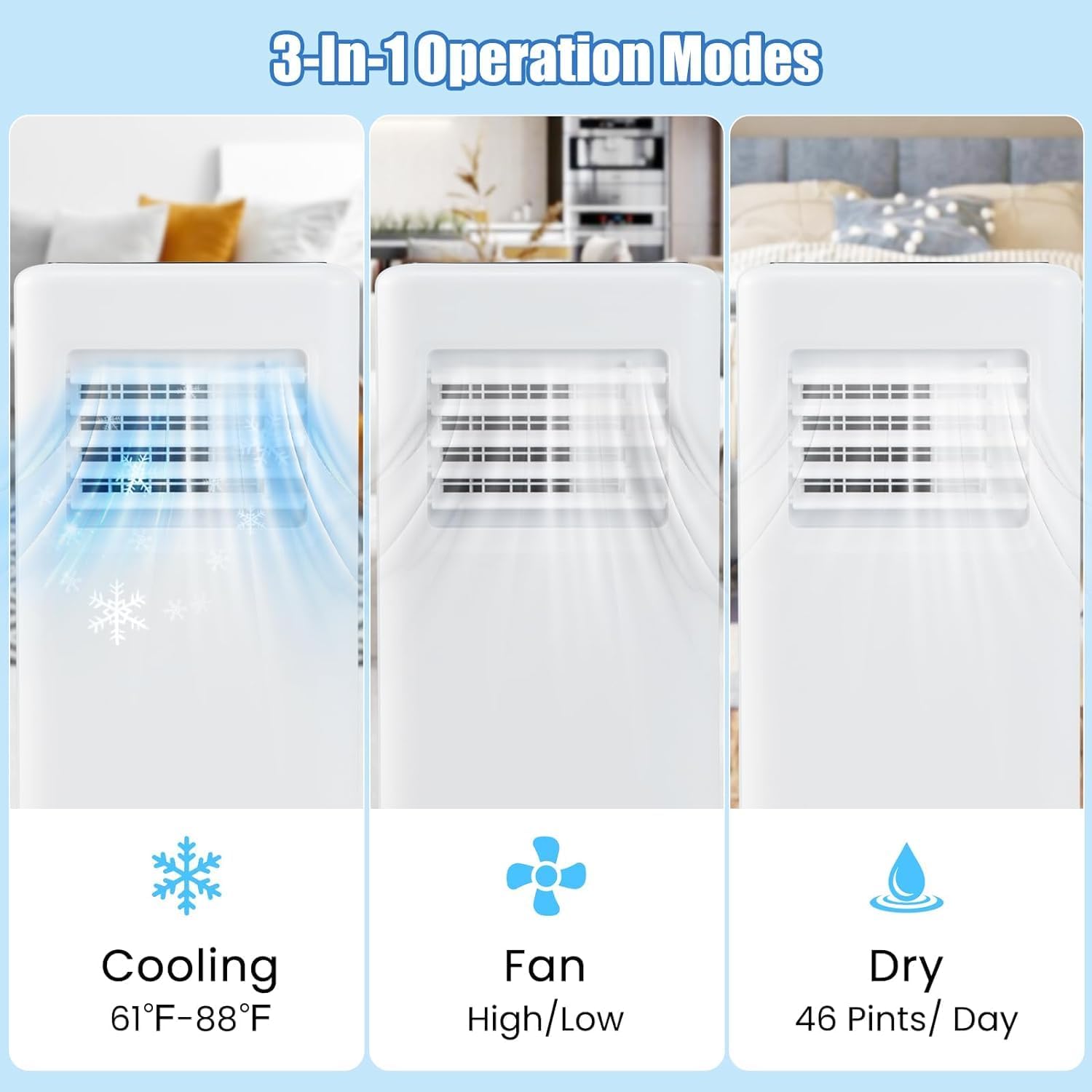 GOFLAME 8000 BTU Portable Air Conditioner, 3-in-1 Floor Air Cooler w/Remote Control, LED Digital Display, Ambient Lighting, 1-24H Timer, Window Installation Kit, AC Unit for Rooms Up to 250 Sq.Ft