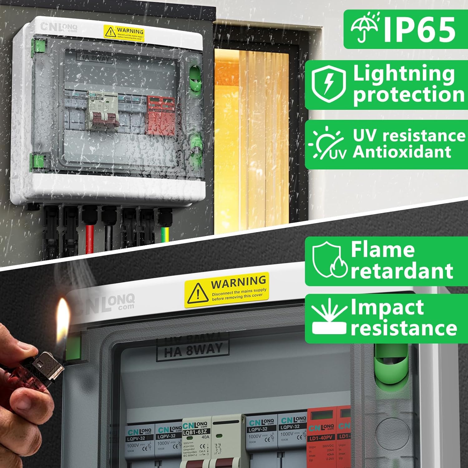 2 String Solar PV Combiner Box IP65 2 in 1 Out DC500V 40A Circuit Breaker & 10pcs Fuse Link 10A 1000V DC with Surge Protector and 20A PV Fuse,Solar Disconnect Switch Outdoor Waterproof for Solar Panel