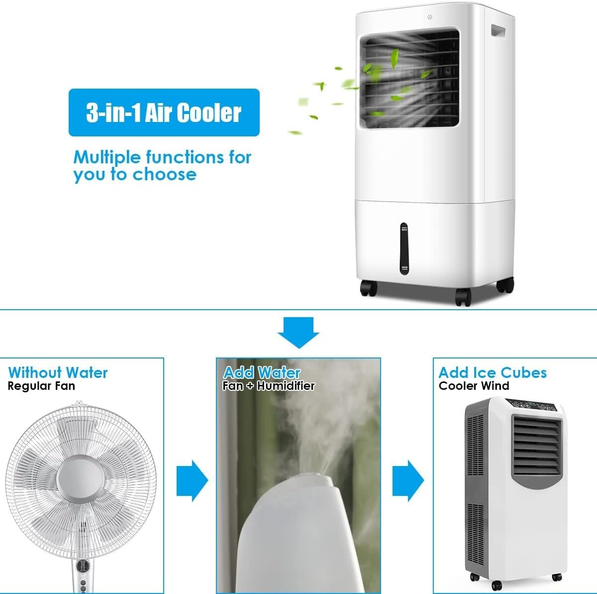 KOTEK 20L Evaporative Air Cooler, 3-in-1 Cooling Fan Humidifier with 3 Modes, 4 Speeds, 7.5H Timer, Large Water Tank & Ice Crystal Boxes, Portable Air Cooler Fan with Swivel Wheels for Home Office