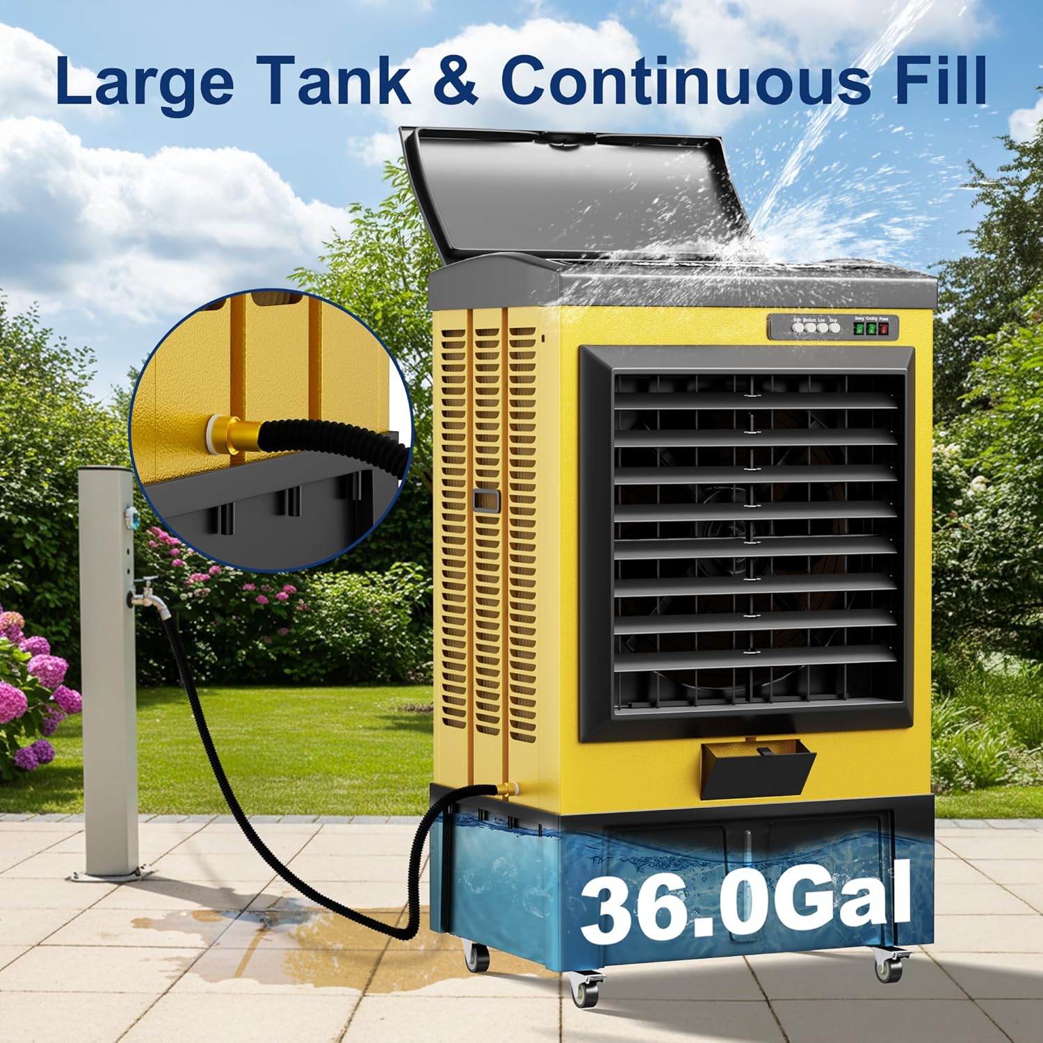 Swamp Cooler, 8990CFM Evaporative Air Coolers with 36 Gal Tank, Windowless Air Conditioner 3 Speeds for Outdoor Use, 58 Inch Air Cooler Water Fan for Patio, Garage, Shop, Commercial Yellow